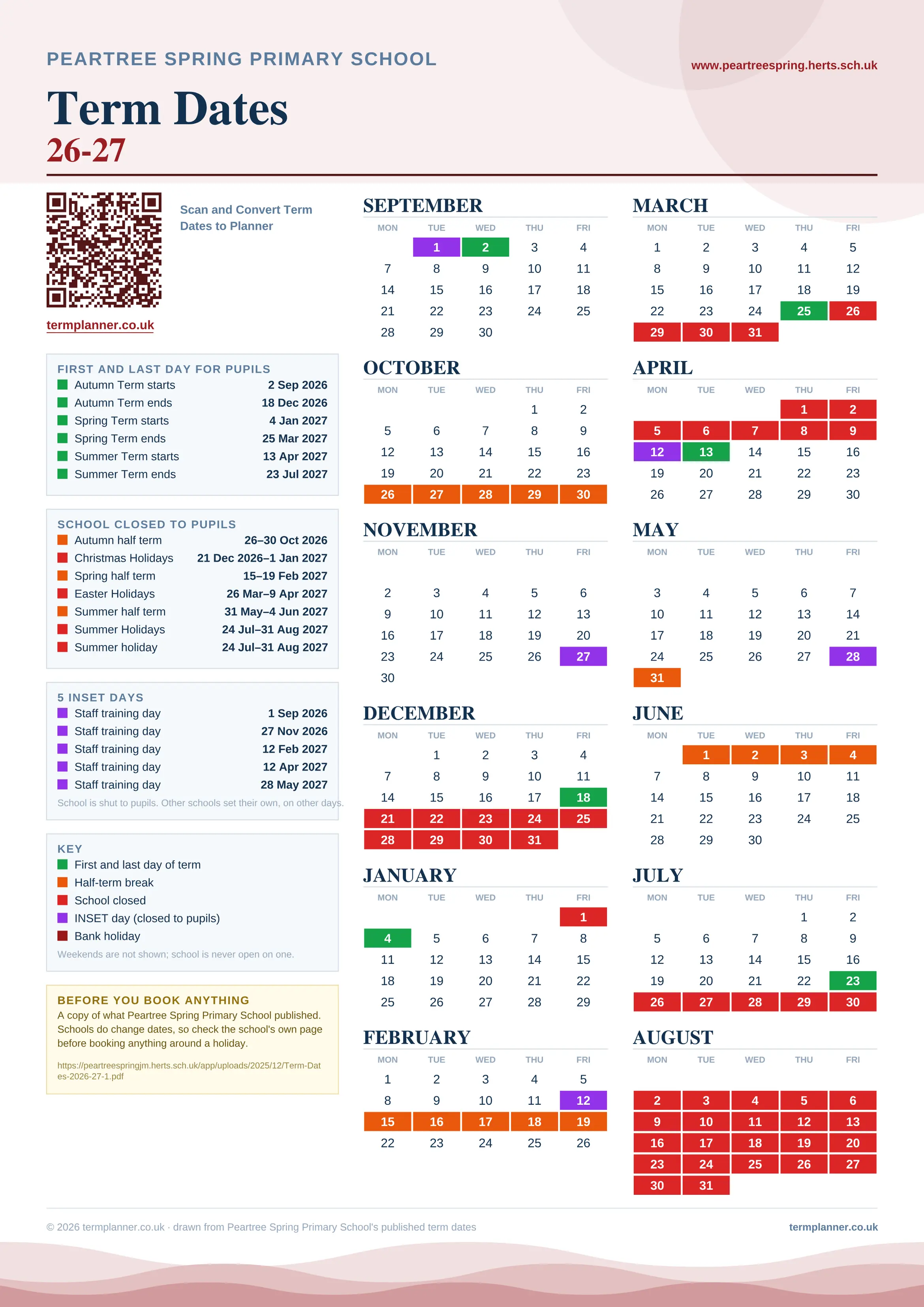 Peartree Spring Primary School’s 2026/27 school year drawn as one sheet: twelve month grids from September to August, Monday to Friday, with autumn term 2 September to 18 December 2026, spring term 4 January to 25 March 2027, summer term 13 April to 23 July 2027. Half terms, holidays and bank holidays are filled in colour, the first and last day of each term is marked, 5 INSET days are picked out, and every date is listed again in words down the left.