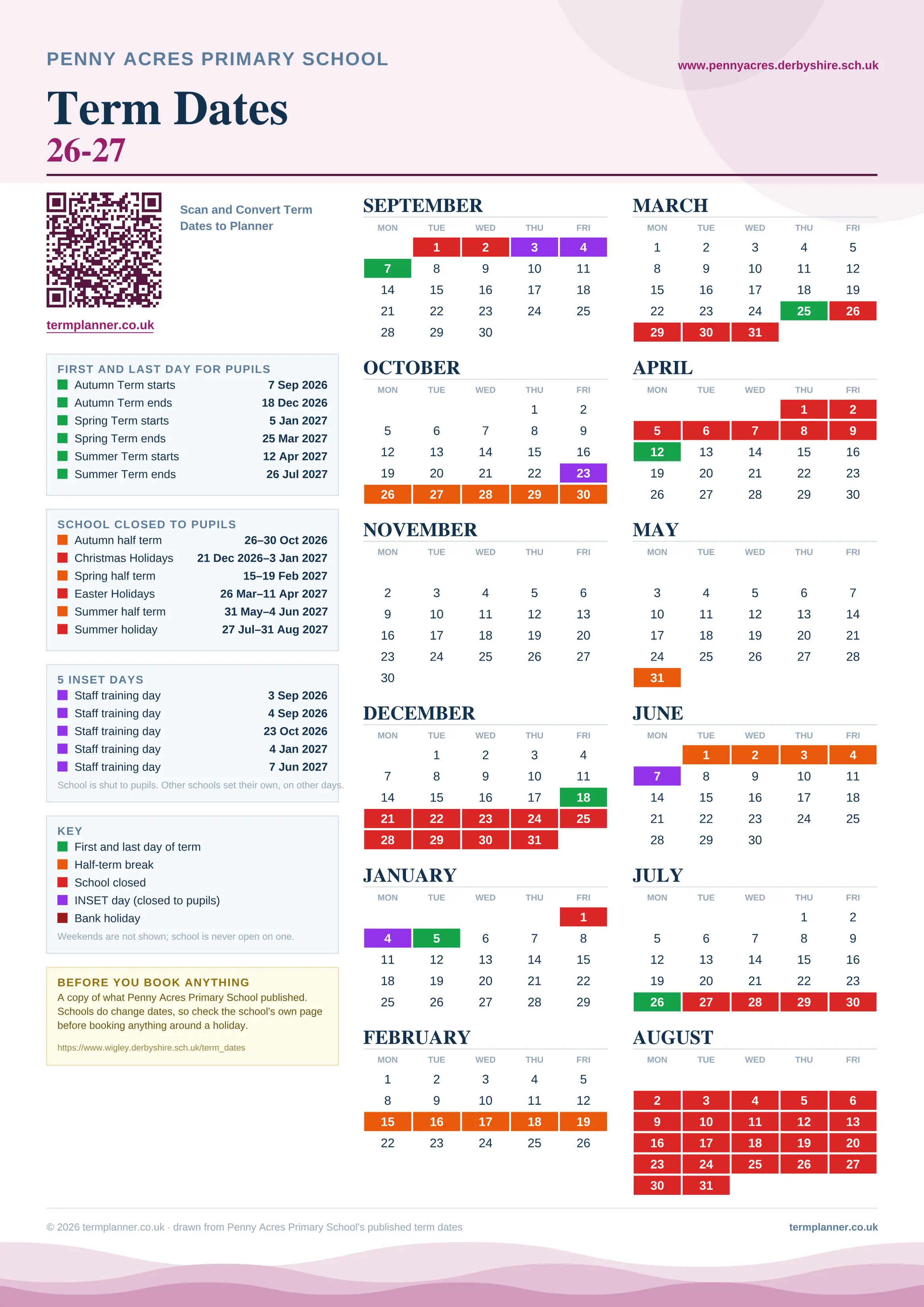 Penny Acres Primary School’s 2026/27 school year drawn as one sheet: twelve month grids from September to August, Monday to Friday, with autumn term 7 September to 18 December 2026, spring term 5 January to 25 March 2027, summer term 12 April to 26 July 2027. Half terms, holidays and bank holidays are filled in colour, the first and last day of each term is marked, 5 INSET days are picked out, and every date is listed again in words down the left.