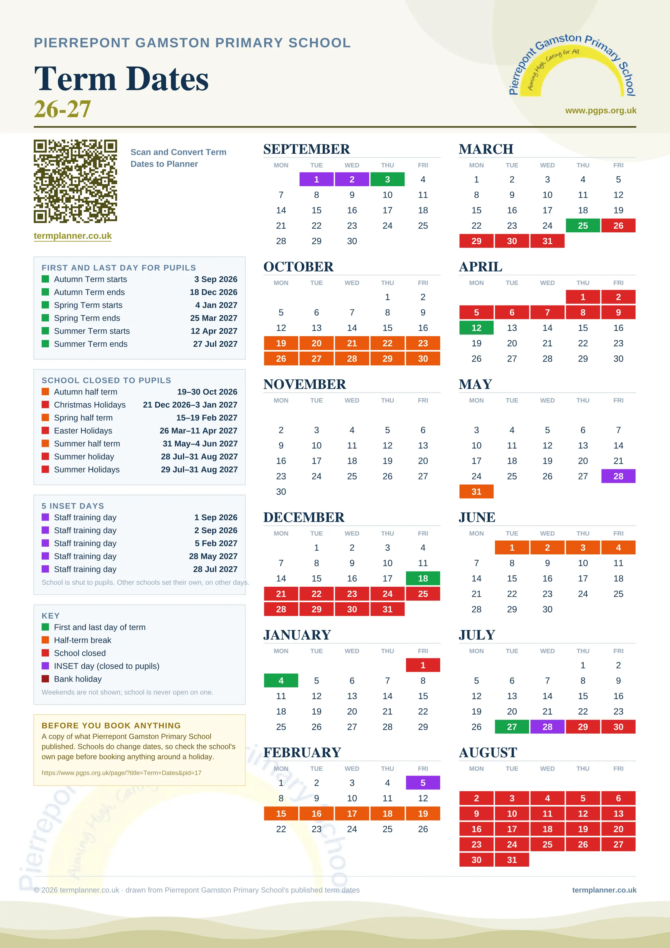 Pierrepont Gamston Primary School’s 2026/27 school year drawn as one sheet: twelve month grids from September to August, Monday to Friday, with autumn term 3 September to 18 December 2026, spring term 4 January to 25 March 2027, summer term 12 April to 27 July 2027. Half terms, holidays and bank holidays are filled in colour, the first and last day of each term is marked, 5 INSET days are picked out, and every date is listed again in words down the left.