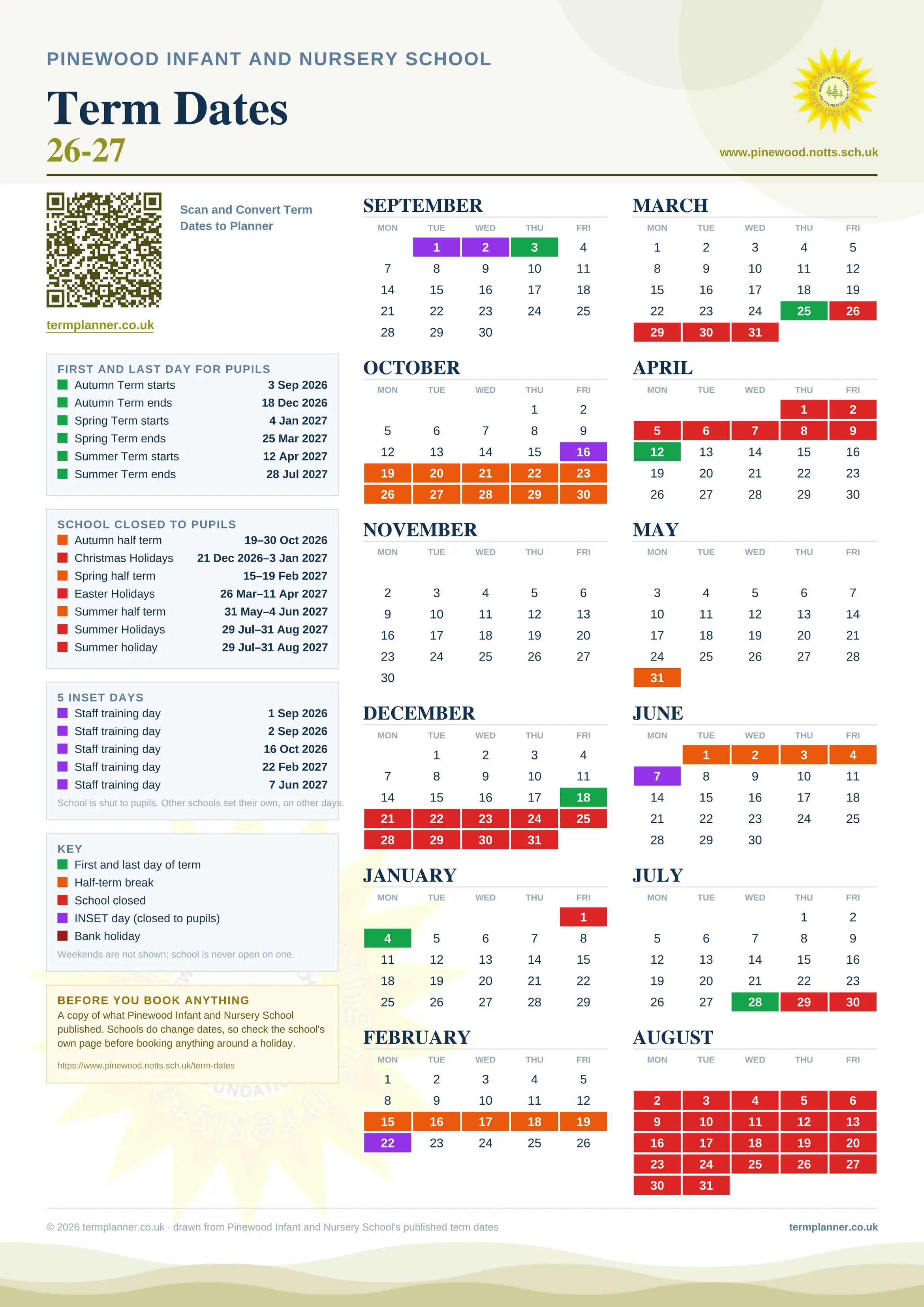 Pinewood Infant and Nursery School’s 2026/27 school year drawn as one sheet: twelve month grids from September to August, Monday to Friday, with autumn term 3 September to 18 December 2026, spring term 4 January to 25 March 2027, summer term 12 April to 28 July 2027. Half terms, holidays and bank holidays are filled in colour, the first and last day of each term is marked, 5 INSET days are picked out, and every date is listed again in words down the left.
