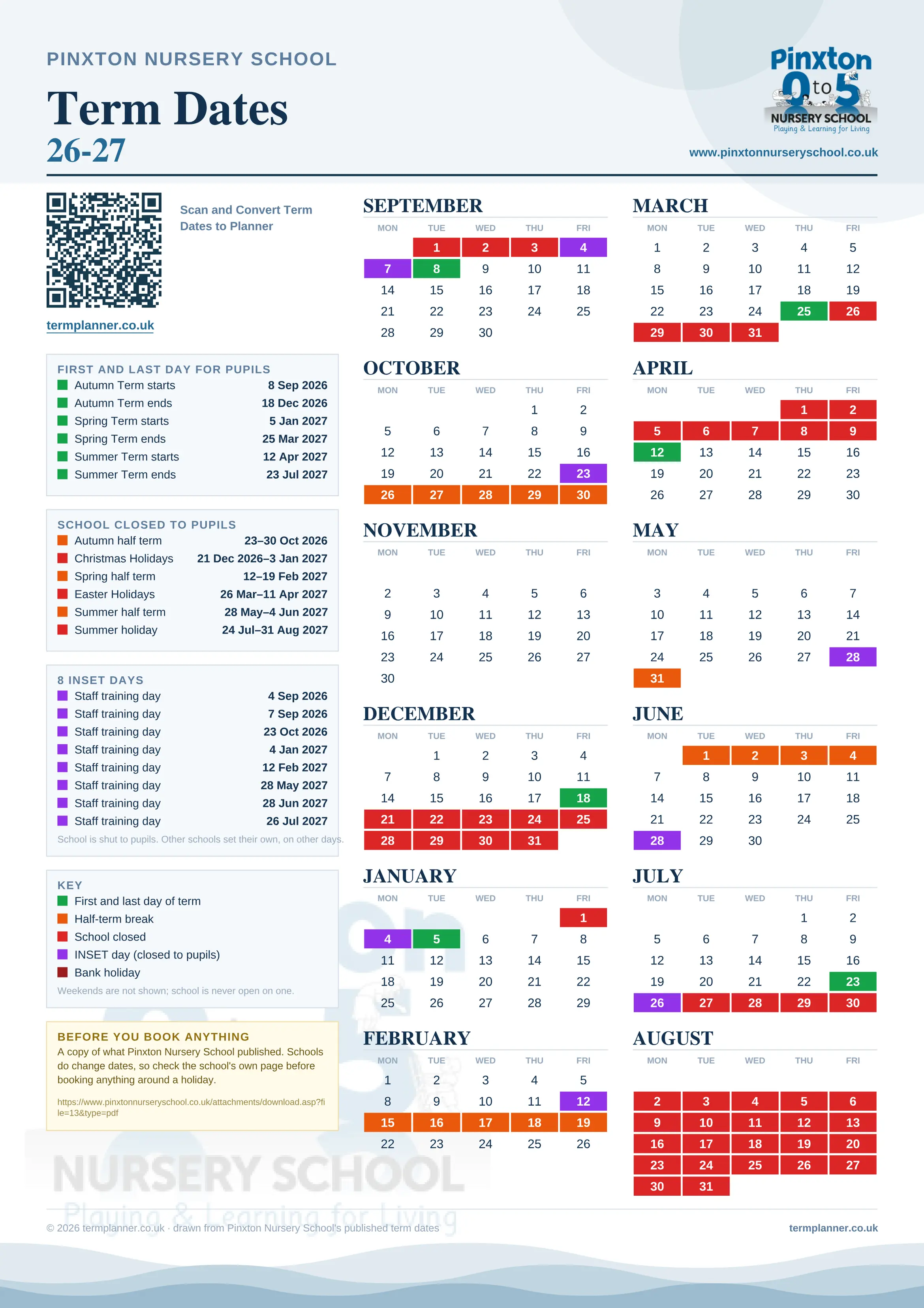 Pinxton Nursery School’s 2026/27 school year drawn as one sheet: twelve month grids from September to August, Monday to Friday, with autumn term 8 September to 18 December 2026, spring term 5 January to 25 March 2027, summer term 12 April to 23 July 2027. Half terms, holidays and bank holidays are filled in colour, the first and last day of each term is marked, 8 INSET days are picked out, and every date is listed again in words down the left.