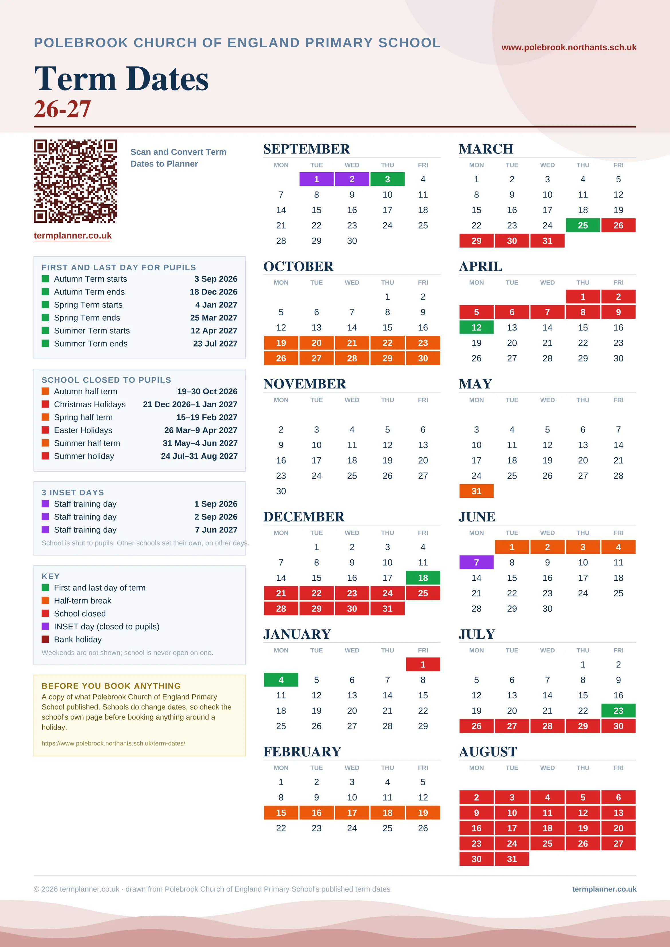 Polebrook Church of England Primary School’s 2026/27 school year drawn as one sheet: twelve month grids from September to August, Monday to Friday, with autumn term 3 September to 18 December 2026, spring term 4 January to 25 March 2027, summer term 12 April to 23 July 2027. Half terms, holidays and bank holidays are filled in colour, the first and last day of each term is marked, 3 INSET days are picked out, and every date is listed again in words down the left.