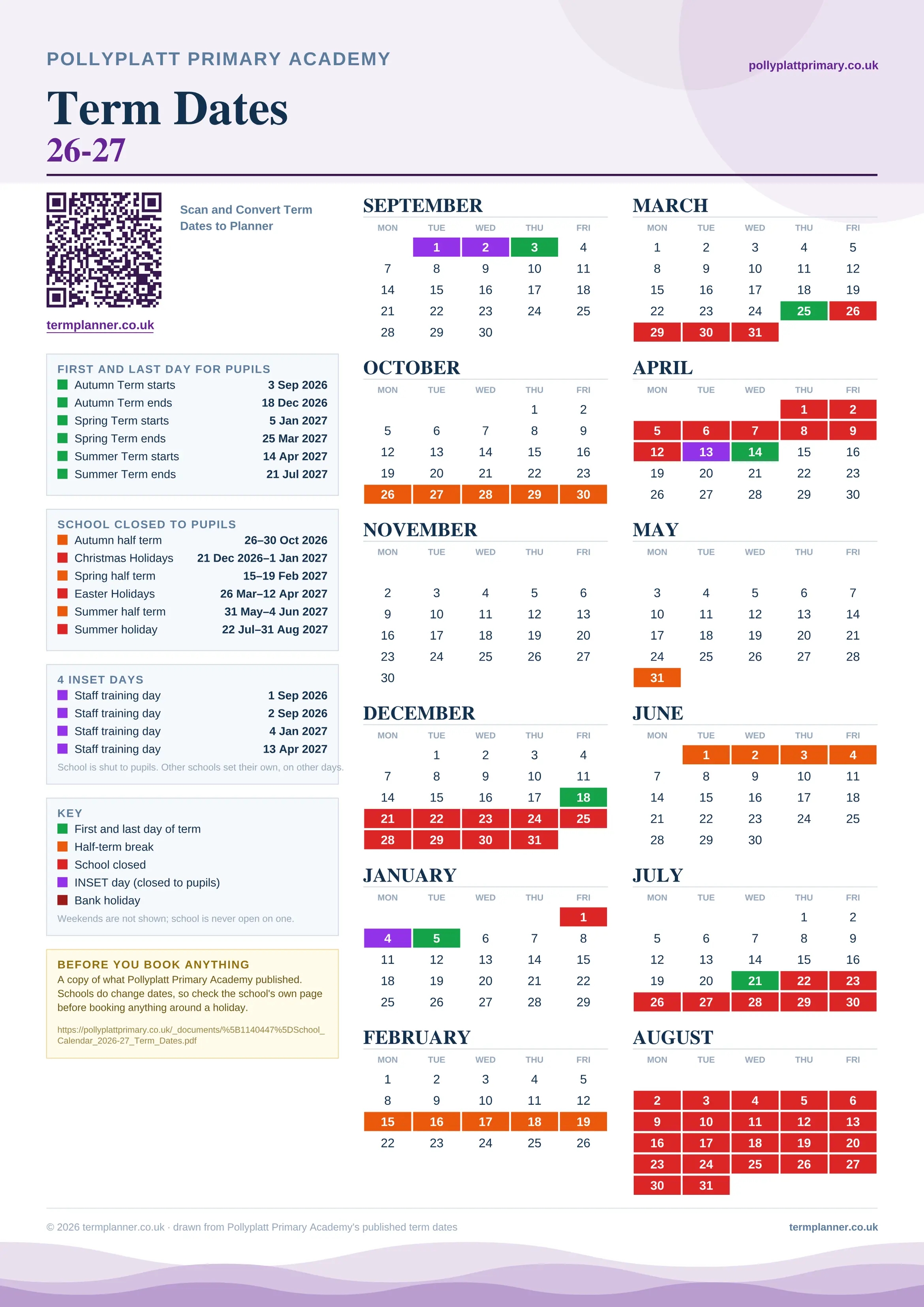 Pollyplatt Primary Academy’s 2026/27 school year drawn as one sheet: twelve month grids from September to August, Monday to Friday, with autumn term 3 September to 18 December 2026, spring term 5 January to 25 March 2027, summer term 14 April to 21 July 2027. Half terms, holidays and bank holidays are filled in colour, the first and last day of each term is marked, 4 INSET days are picked out, and every date is listed again in words down the left.