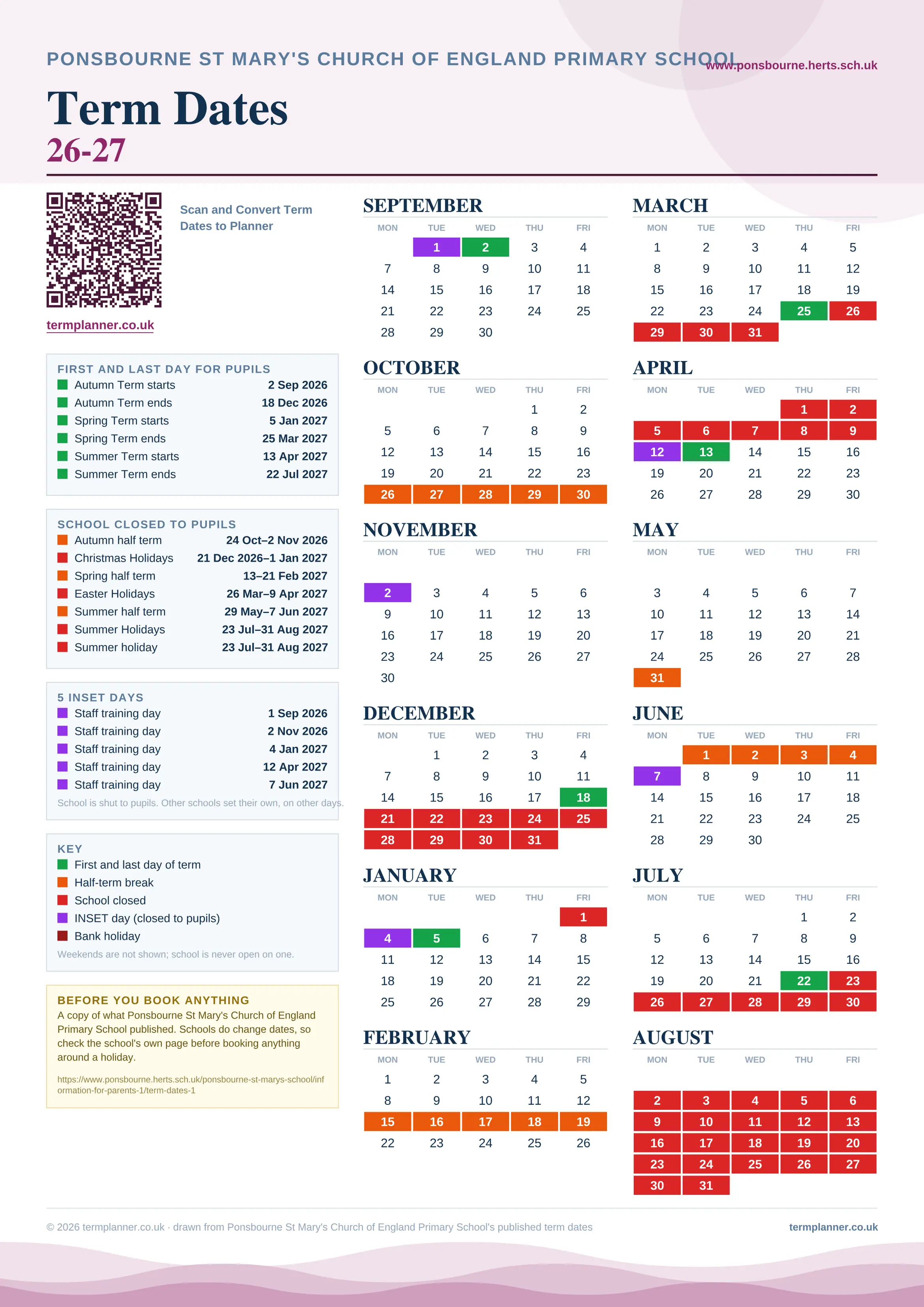 Ponsbourne St Mary's Church of England Primary School’s 2026/27 school year drawn as one sheet: twelve month grids from September to August, Monday to Friday, with autumn term 2 September to 18 December 2026, spring term 5 January to 25 March 2027, summer term 13 April to 22 July 2027. Half terms, holidays and bank holidays are filled in colour, the first and last day of each term is marked, 5 INSET days are picked out, and every date is listed again in words down the left.