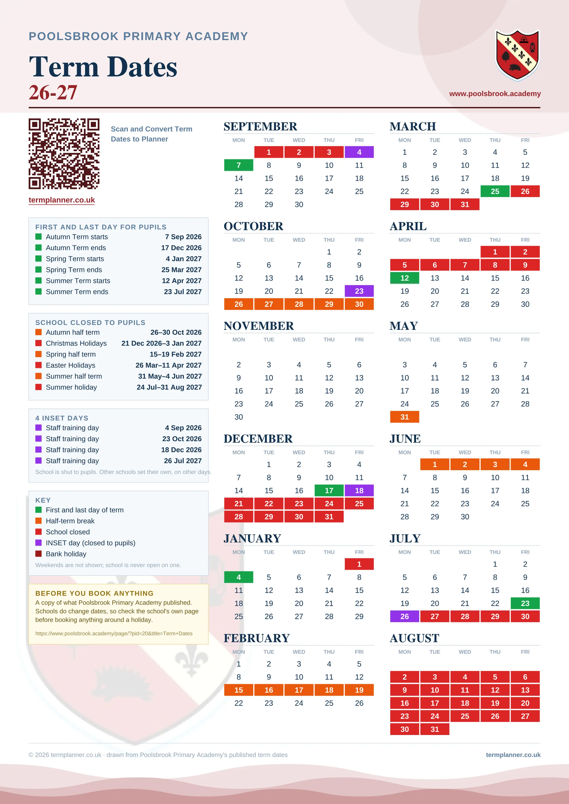 Poolsbrook Primary Academy’s 2026/27 school year drawn as one sheet: twelve month grids from September to August, Monday to Friday, with autumn term 7 September to 17 December 2026, spring term 4 January to 25 March 2027, summer term 12 April to 23 July 2027. Half terms, holidays and bank holidays are filled in colour, the first and last day of each term is marked, 4 INSET days are picked out, and every date is listed again in words down the left.