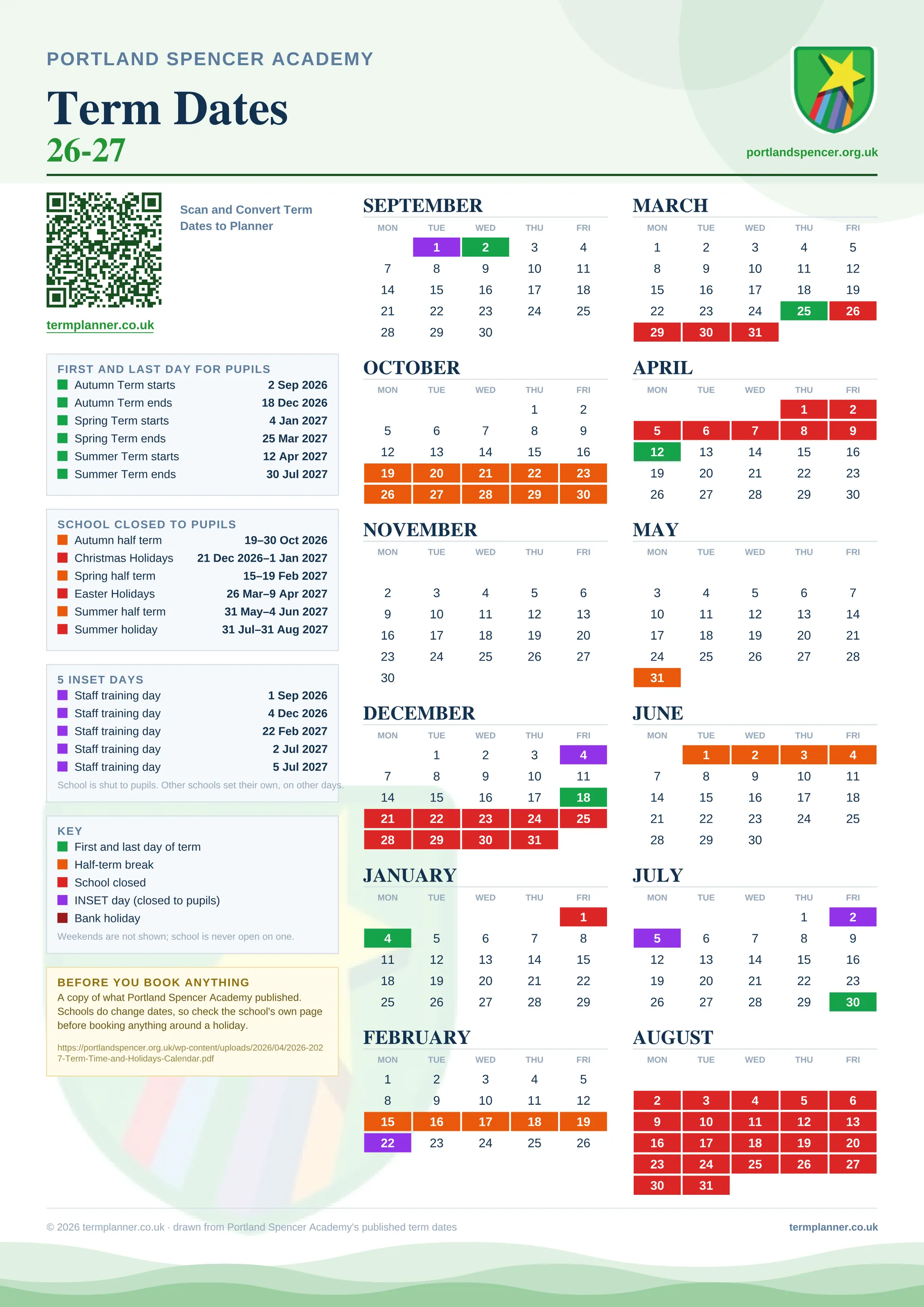 Portland Spencer Academy’s 2026/27 school year drawn as one sheet: twelve month grids from September to August, Monday to Friday, with autumn term 2 September to 18 December 2026, spring term 4 January to 25 March 2027, summer term 12 April to 30 July 2027. Half terms, holidays and bank holidays are filled in colour, the first and last day of each term is marked, 5 INSET days are picked out, and every date is listed again in words down the left.
