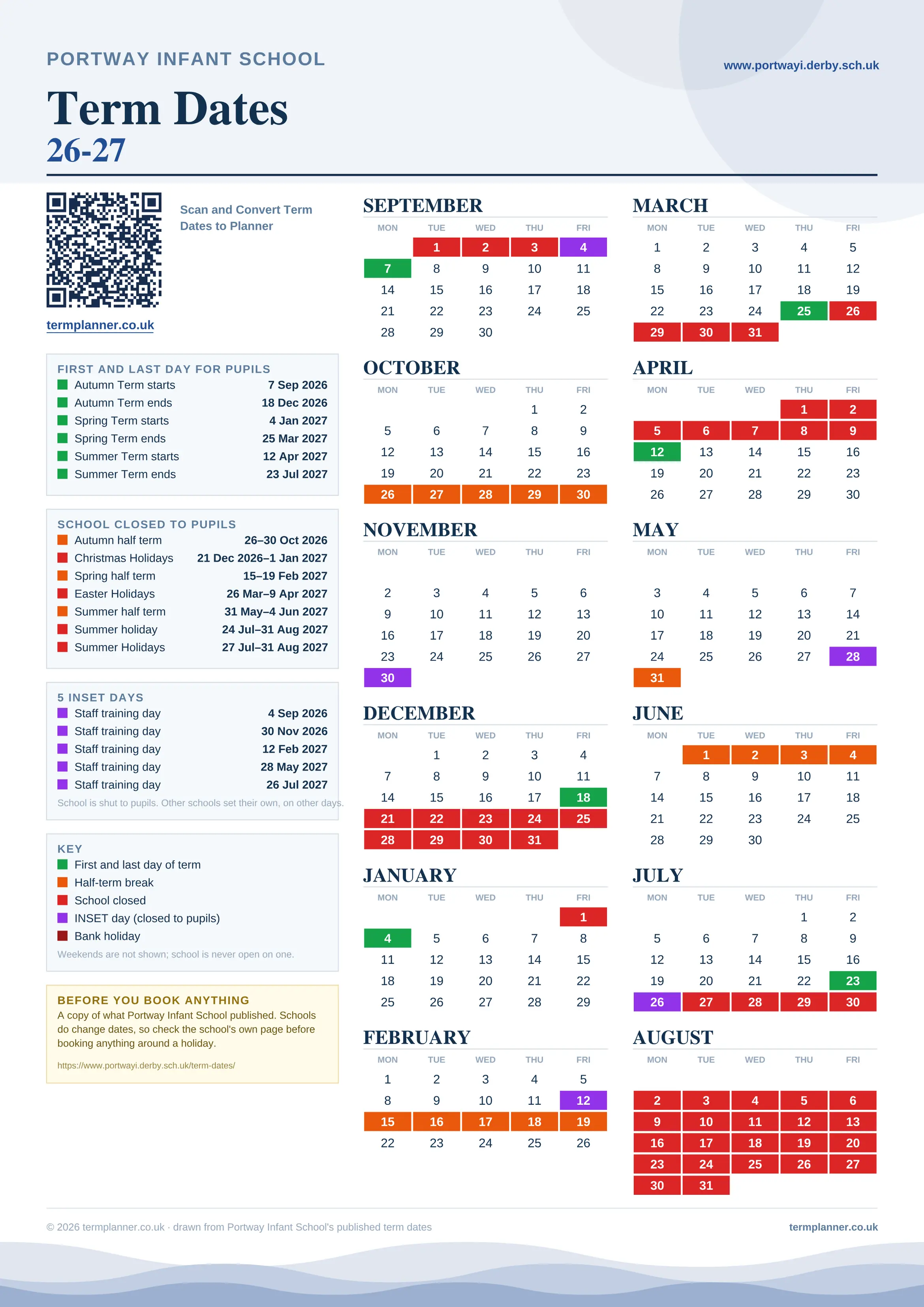Portway Infant School’s 2026/27 school year drawn as one sheet: twelve month grids from September to August, Monday to Friday, with autumn term 7 September to 18 December 2026, spring term 4 January to 25 March 2027, summer term 12 April to 23 July 2027. Half terms, holidays and bank holidays are filled in colour, the first and last day of each term is marked, 5 INSET days are picked out, and every date is listed again in words down the left.