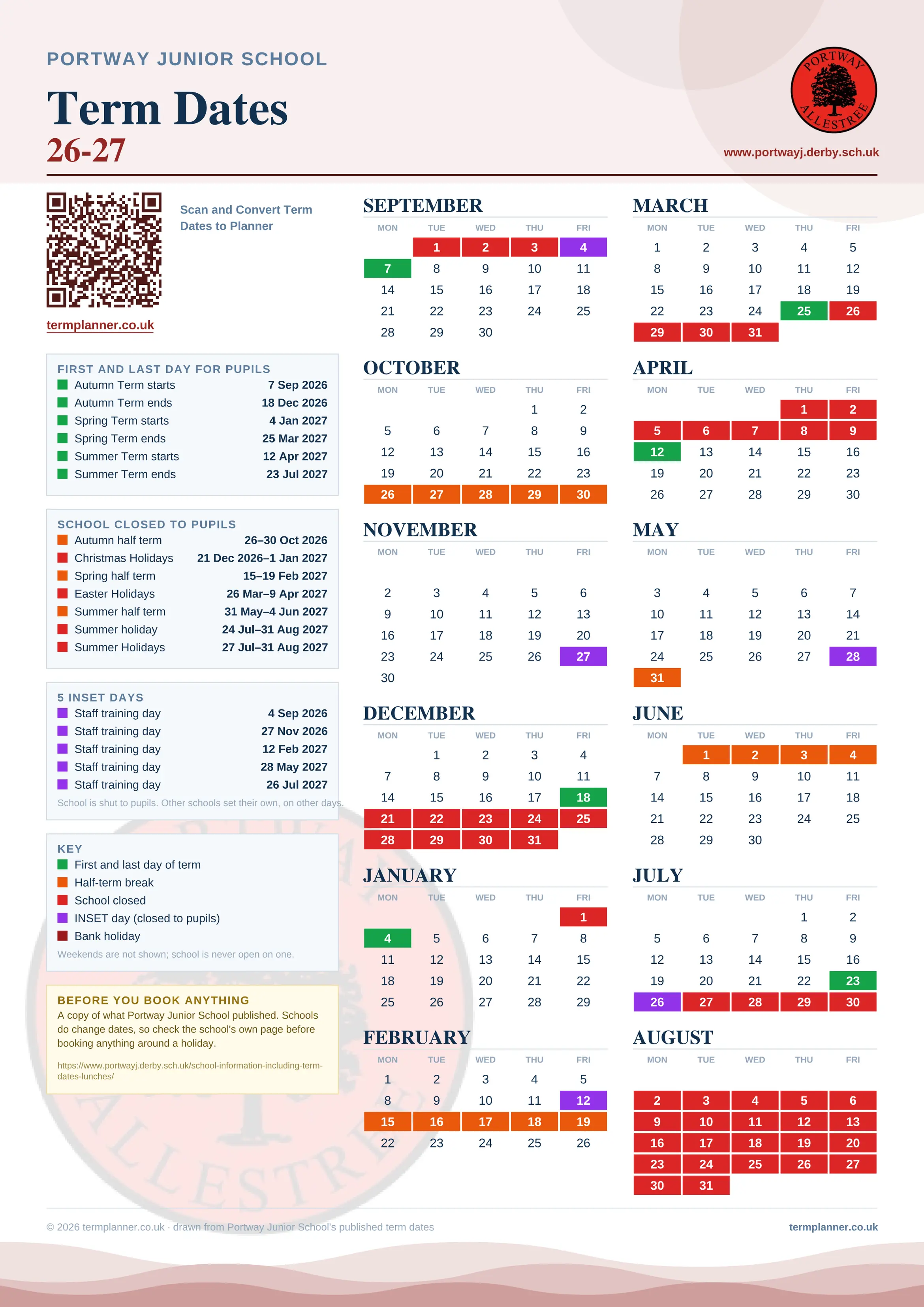 Portway Junior School’s 2026/27 school year drawn as one sheet: twelve month grids from September to August, Monday to Friday, with autumn term 7 September to 18 December 2026, spring term 4 January to 25 March 2027, summer term 12 April to 23 July 2027. Half terms, holidays and bank holidays are filled in colour, the first and last day of each term is marked, 5 INSET days are picked out, and every date is listed again in words down the left.