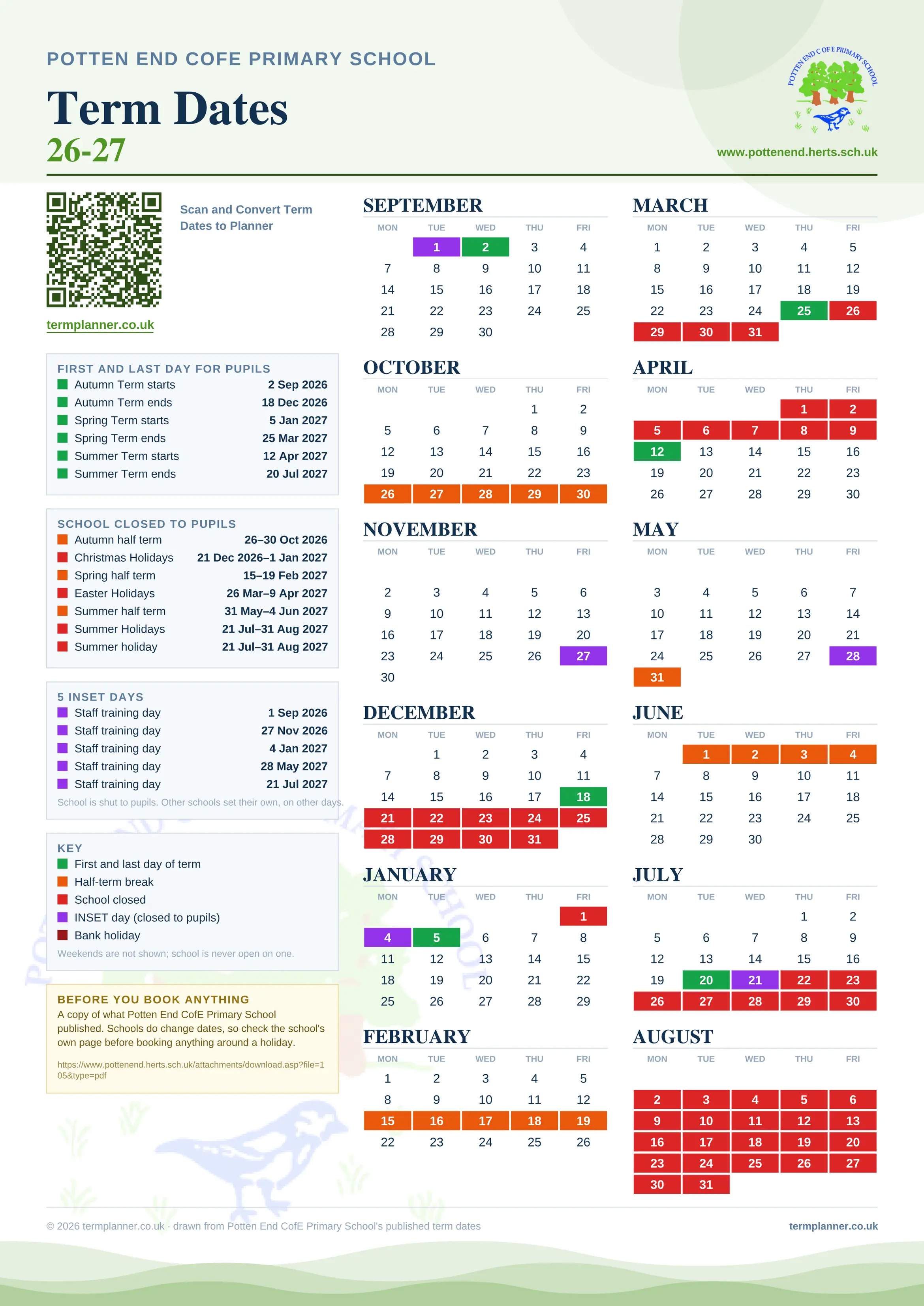 Potten End CofE Primary School’s 2026/27 school year drawn as one sheet: twelve month grids from September to August, Monday to Friday, with autumn term 2 September to 18 December 2026, spring term 5 January to 25 March 2027, summer term 12 April to 20 July 2027. Half terms, holidays and bank holidays are filled in colour, the first and last day of each term is marked, 5 INSET days are picked out, and every date is listed again in words down the left.
