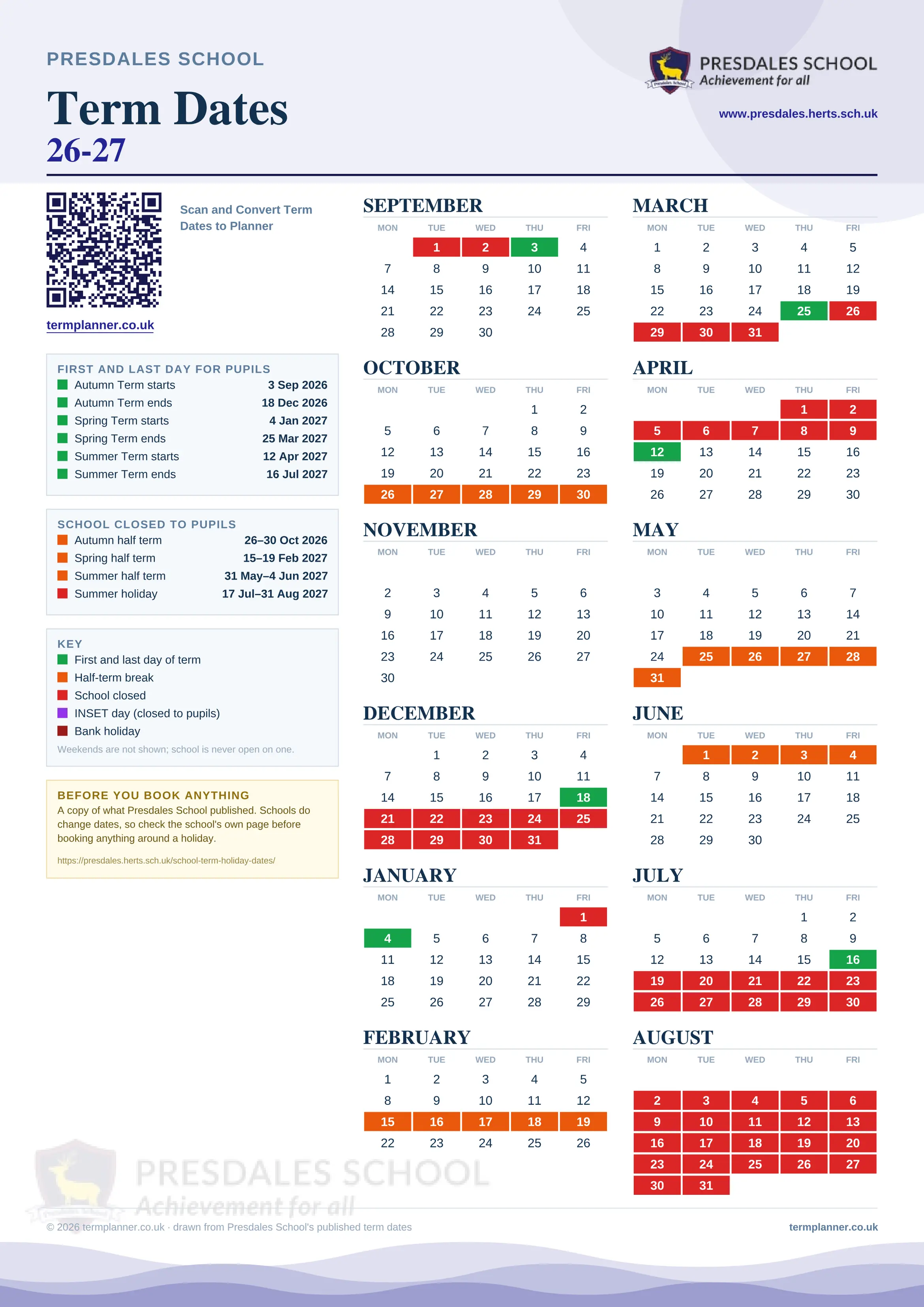 Presdales School’s 2026/27 school year drawn as one sheet: twelve month grids from September to August, Monday to Friday, with autumn term 3 September to 18 December 2026, spring term 4 January to 25 March 2027, summer term 12 April to 16 July 2027. Half terms, holidays and bank holidays are filled in colour, the first and last day of each term is marked, and every date is listed again in words down the left.