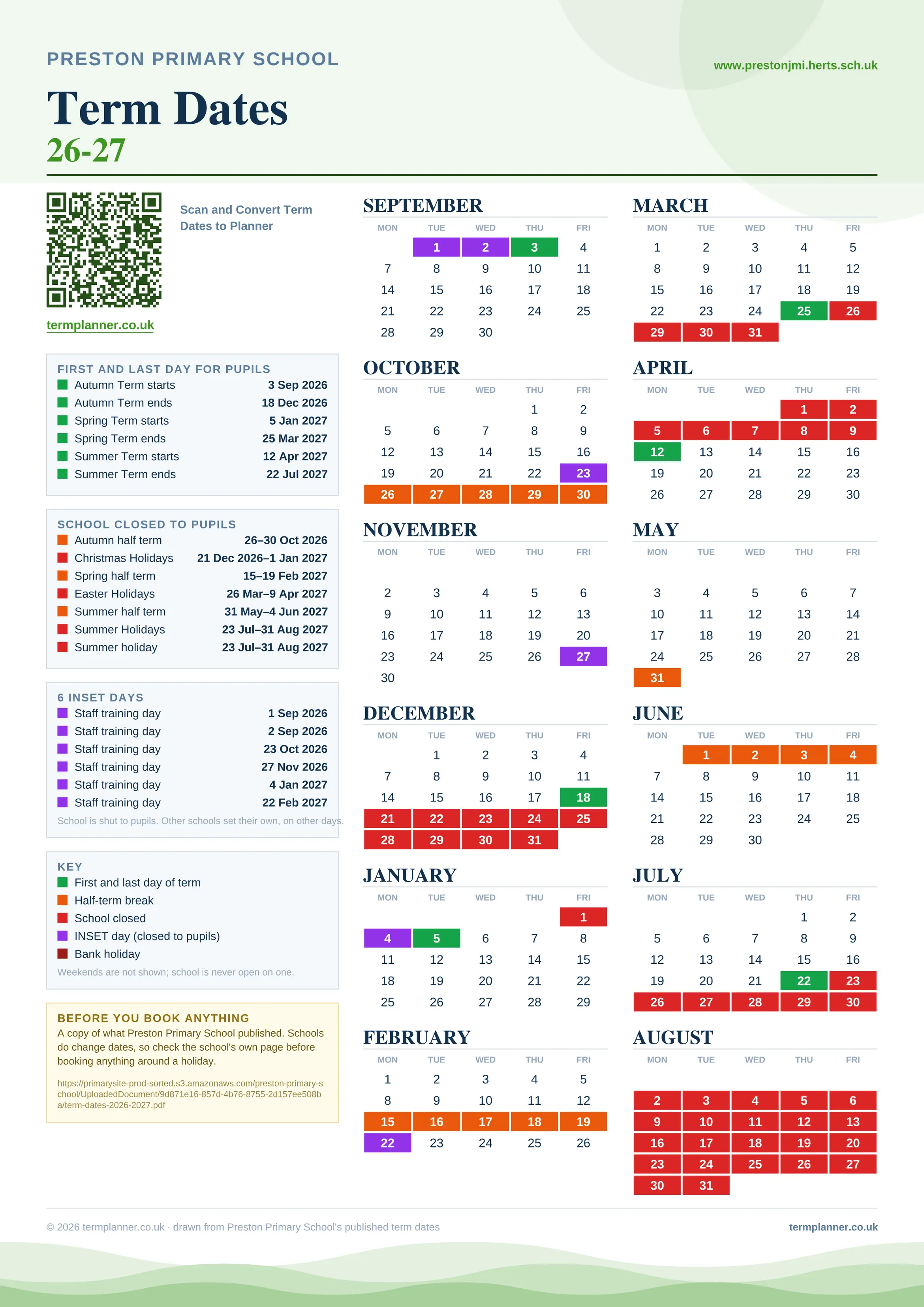 Preston Primary School’s 2026/27 school year drawn as one sheet: twelve month grids from September to August, Monday to Friday, with autumn term 3 September to 18 December 2026, spring term 5 January to 25 March 2027, summer term 12 April to 22 July 2027. Half terms, holidays and bank holidays are filled in colour, the first and last day of each term is marked, 6 INSET days are picked out, and every date is listed again in words down the left.