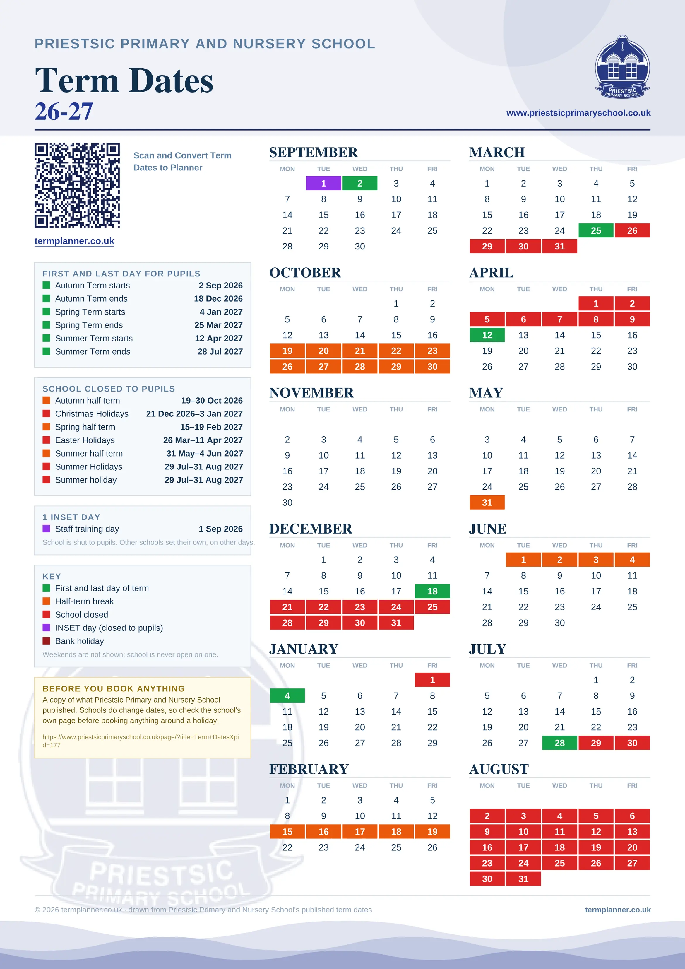 Priestsic Primary and Nursery School’s 2026/27 school year drawn as one sheet: twelve month grids from September to August, Monday to Friday, with autumn term 2 September to 18 December 2026, spring term 4 January to 25 March 2027, summer term 12 April to 28 July 2027. Half terms, holidays and bank holidays are filled in colour, the first and last day of each term is marked, 1 INSET day is picked out, and every date is listed again in words down the left.