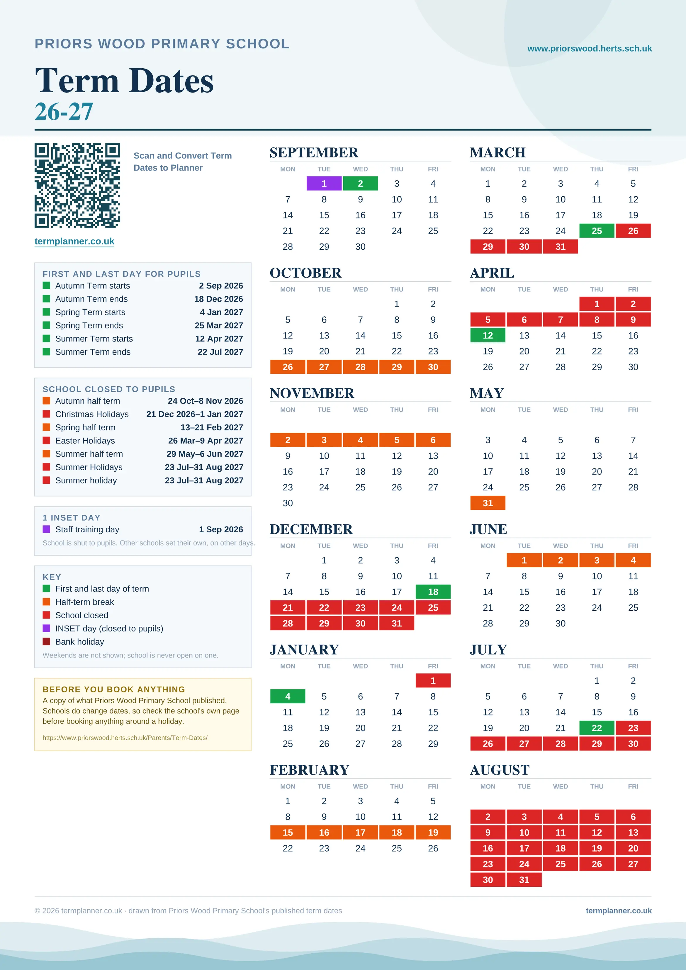 Priors Wood Primary School’s 2026/27 school year drawn as one sheet: twelve month grids from September to August, Monday to Friday, with autumn term 2 September to 18 December 2026, spring term 4 January to 25 March 2027, summer term 12 April to 22 July 2027. Half terms, holidays and bank holidays are filled in colour, the first and last day of each term is marked, 1 INSET day is picked out, and every date is listed again in words down the left.