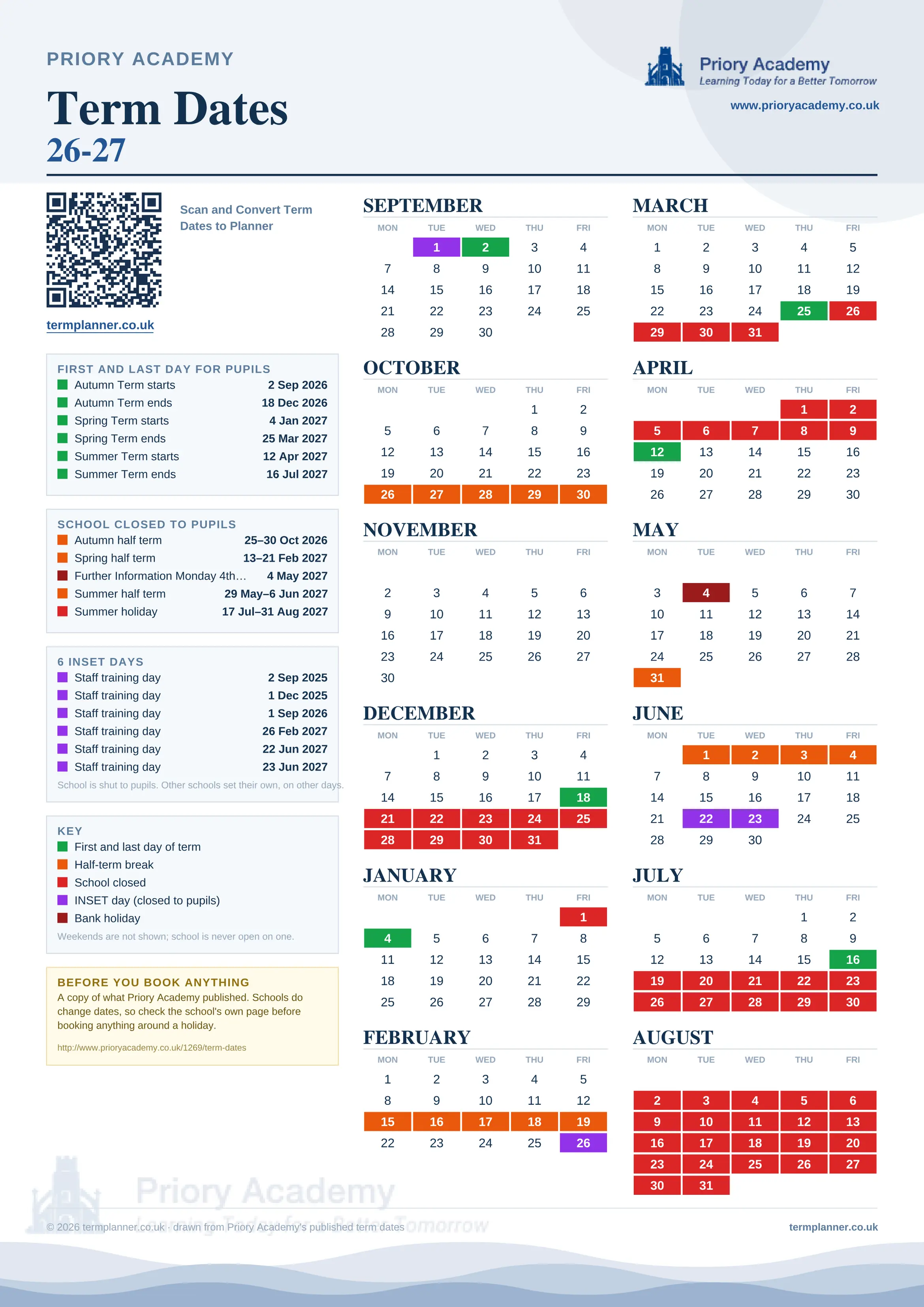 Priory Academy’s 2026/27 school year drawn as one sheet: twelve month grids from September to August, Monday to Friday, with autumn term 2 September to 18 December 2026, spring term 4 January to 25 March 2027, summer term 12 April to 16 July 2027. Half terms, holidays and bank holidays are filled in colour, the first and last day of each term is marked, 7 INSET days are picked out, and every date is listed again in words down the left.