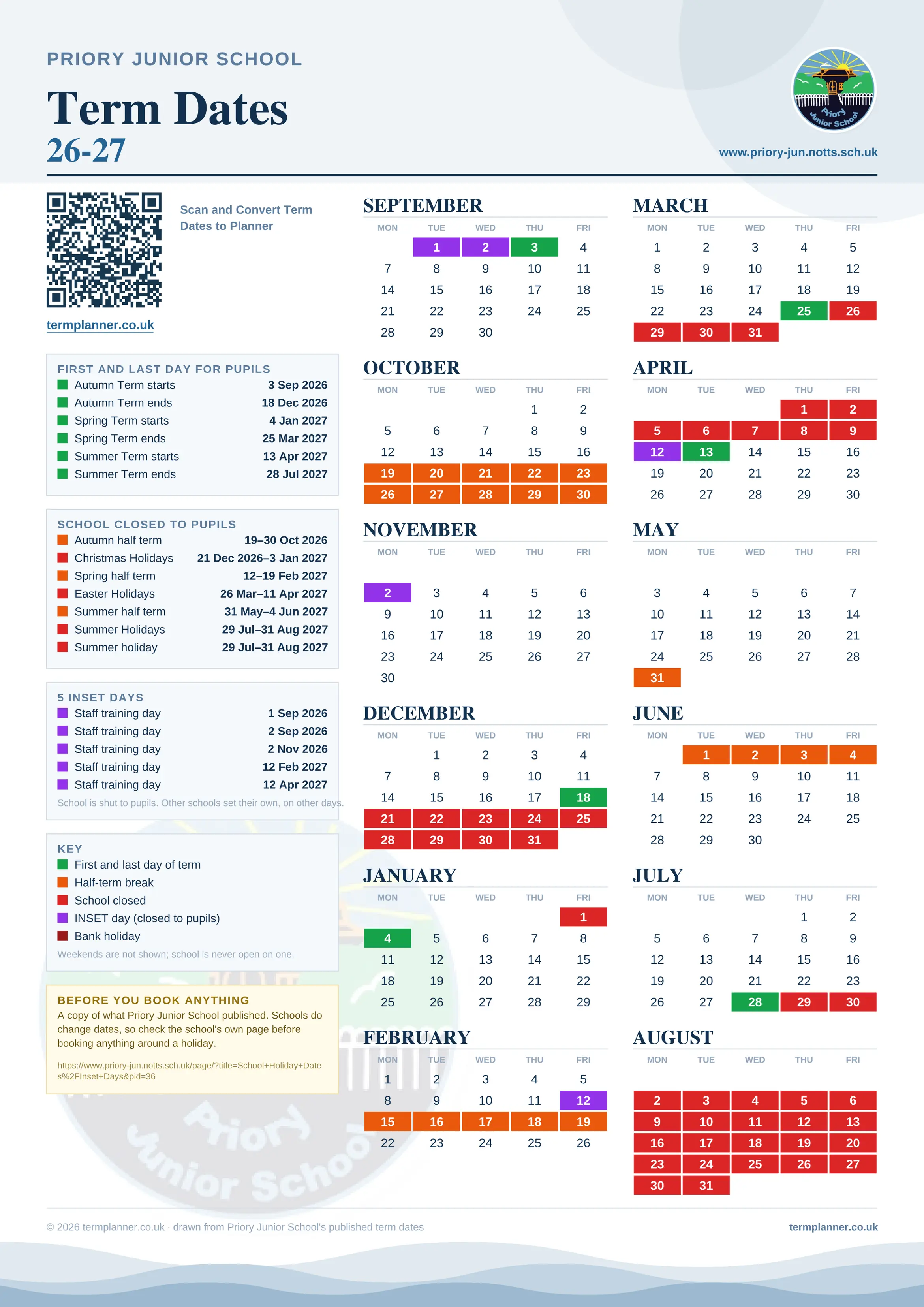 Priory Junior School’s 2026/27 school year drawn as one sheet: twelve month grids from September to August, Monday to Friday, with autumn term 3 September to 18 December 2026, spring term 4 January to 25 March 2027, summer term 13 April to 28 July 2027. Half terms, holidays and bank holidays are filled in colour, the first and last day of each term is marked, 5 INSET days are picked out, and every date is listed again in words down the left.