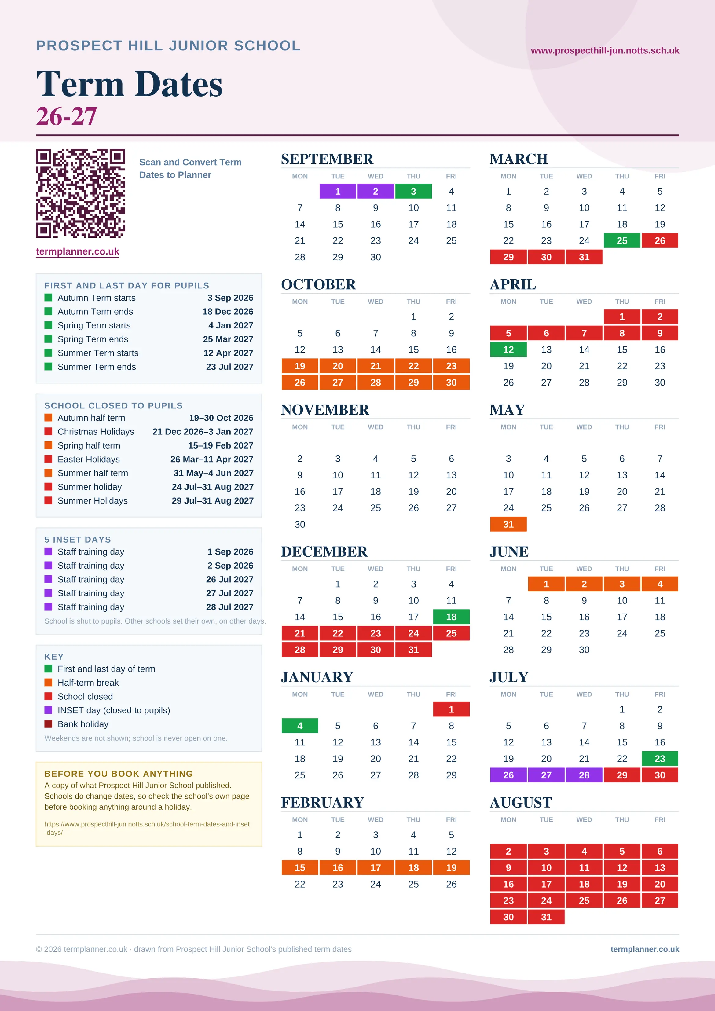 Prospect Hill Junior School’s 2026/27 school year drawn as one sheet: twelve month grids from September to August, Monday to Friday, with autumn term 3 September to 18 December 2026, spring term 4 January to 25 March 2027, summer term 12 April to 23 July 2027. Half terms, holidays and bank holidays are filled in colour, the first and last day of each term is marked, 5 INSET days are picked out, and every date is listed again in words down the left.