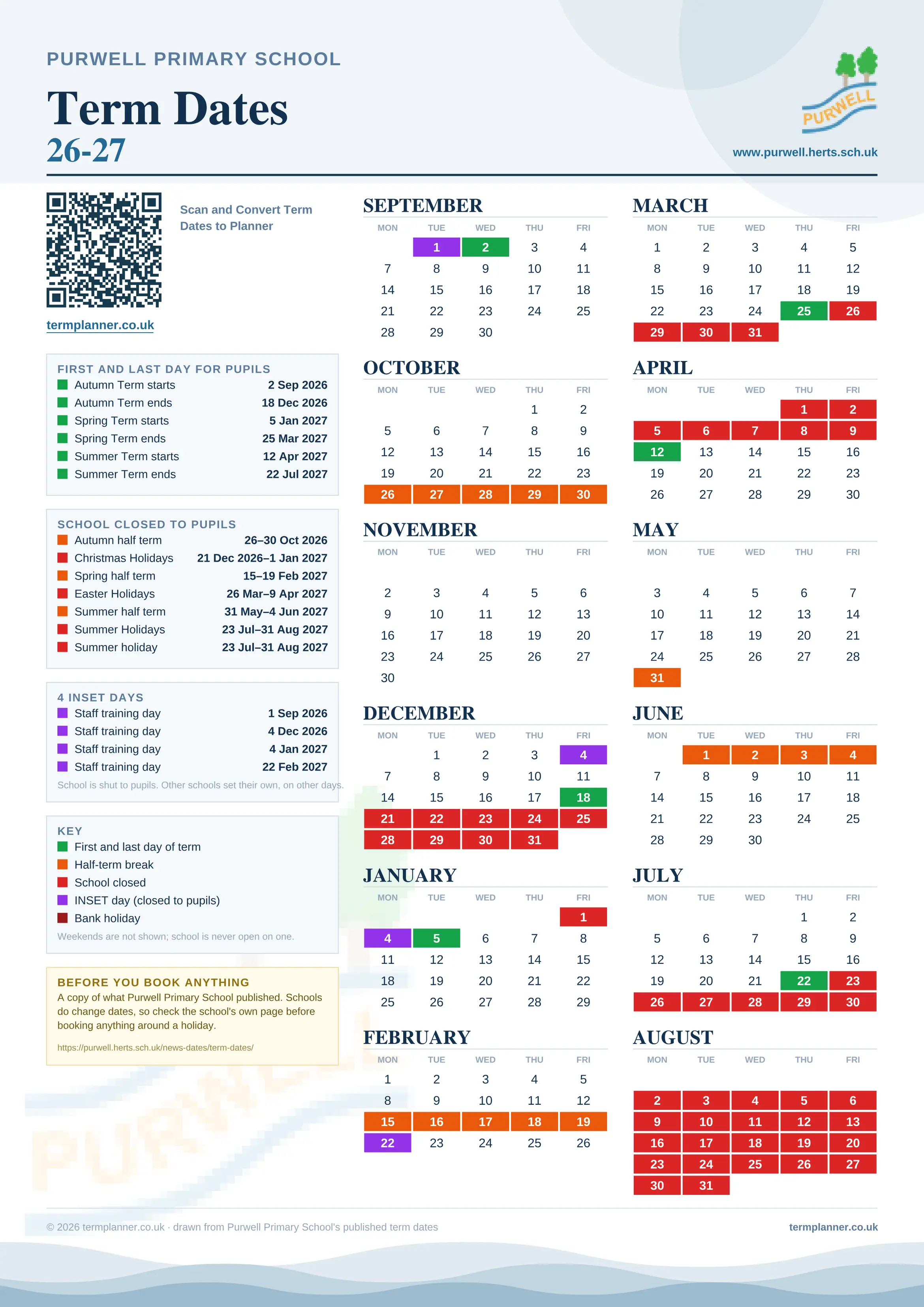 Purwell Primary School’s 2026/27 school year drawn as one sheet: twelve month grids from September to August, Monday to Friday, with autumn term 2 September to 18 December 2026, spring term 5 January to 25 March 2027, summer term 12 April to 22 July 2027. Half terms, holidays and bank holidays are filled in colour, the first and last day of each term is marked, 4 INSET days are picked out, and every date is listed again in words down the left.