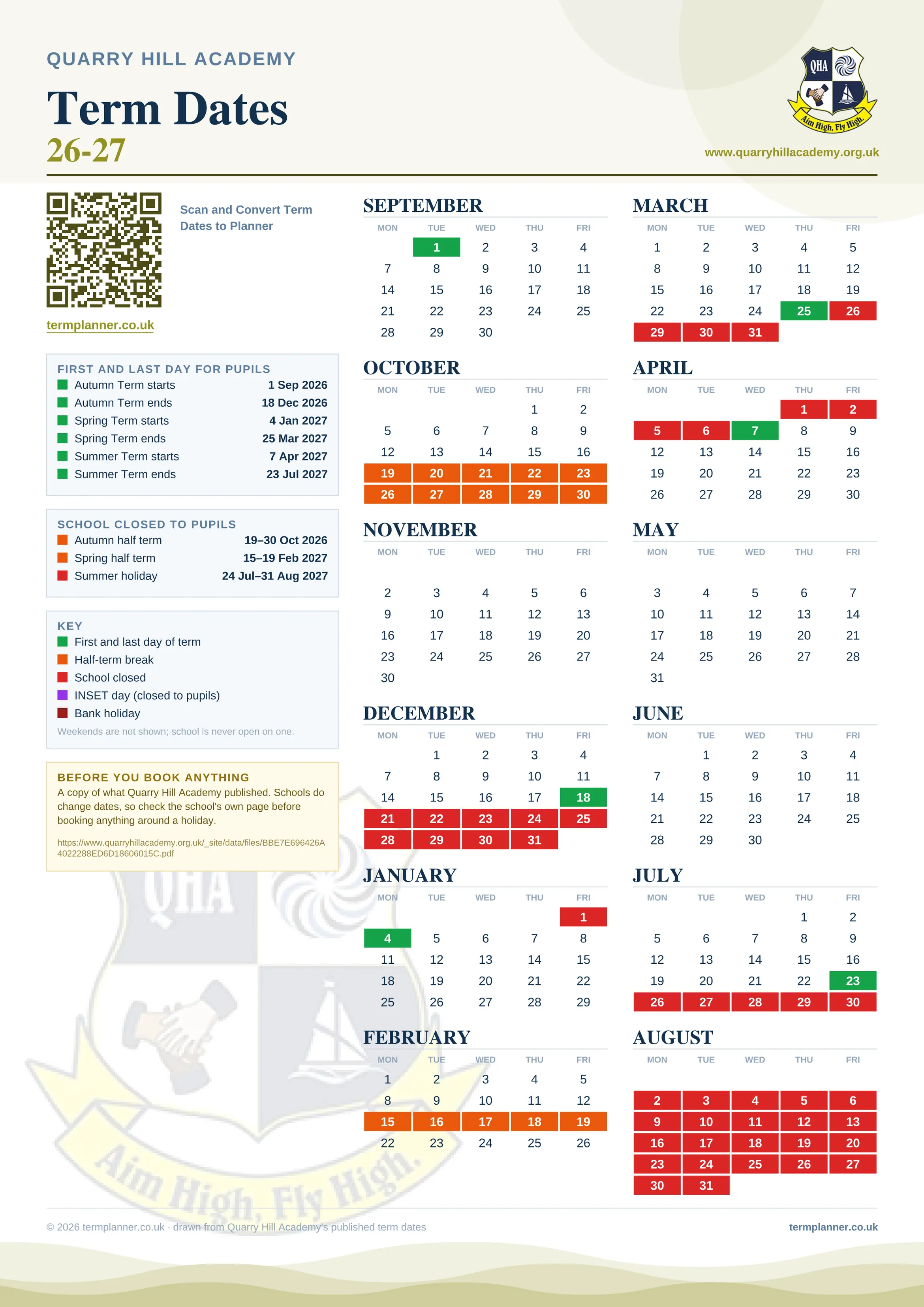 Quarry Hill Academy’s 2026/27 school year drawn as one sheet: twelve month grids from September to August, Monday to Friday, with autumn term 1 September to 18 December 2026, spring term 4 January to 25 March 2027, summer term 7 April to 23 July 2027. Half terms, holidays and bank holidays are filled in colour, the first and last day of each term is marked, and every date is listed again in words down the left.