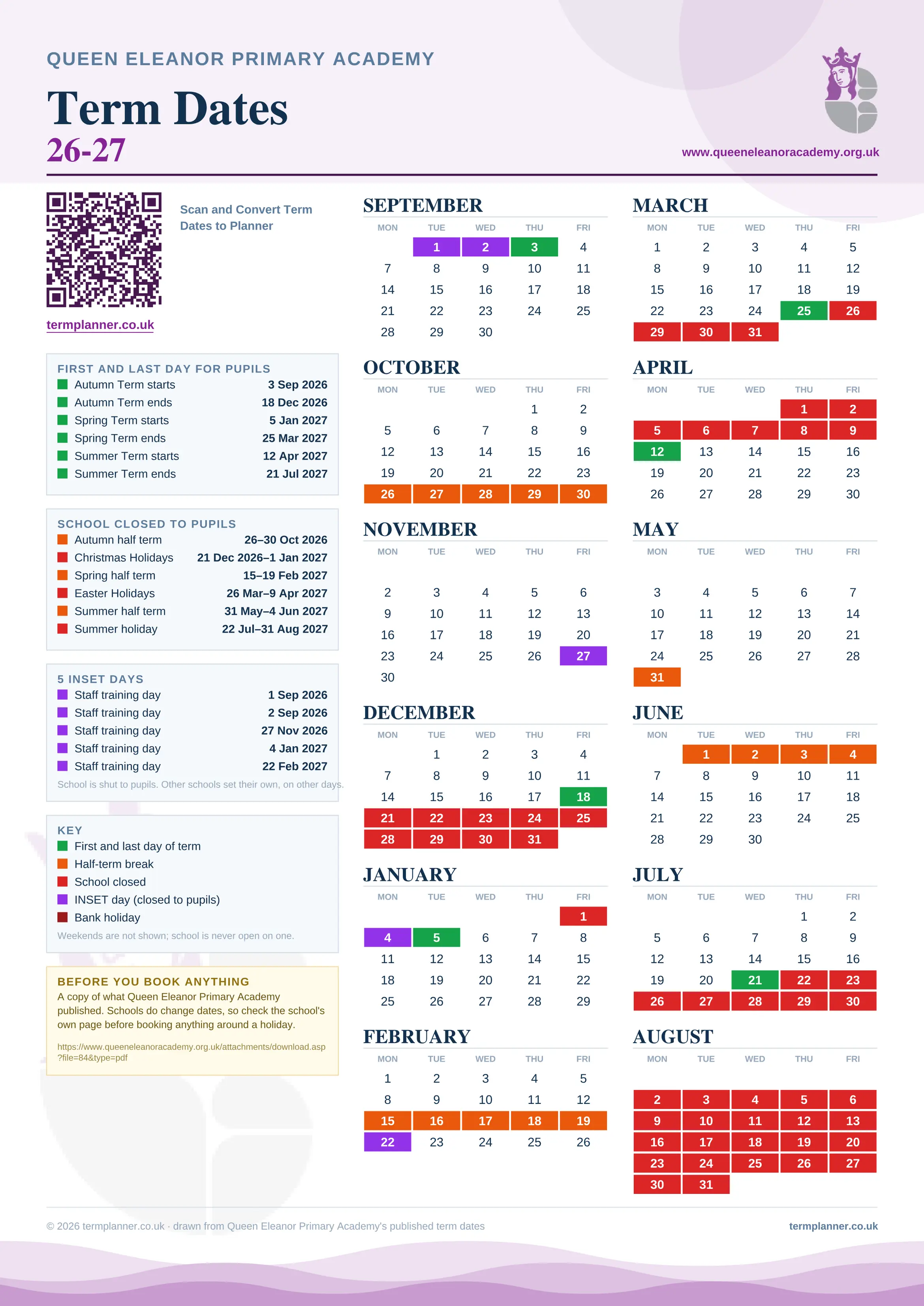 Queen Eleanor Primary Academy’s 2026/27 school year drawn as one sheet: twelve month grids from September to August, Monday to Friday, with autumn term 3 September to 18 December 2026, spring term 5 January to 25 March 2027, summer term 12 April to 21 July 2027. Half terms, holidays and bank holidays are filled in colour, the first and last day of each term is marked, 5 INSET days are picked out, and every date is listed again in words down the left.