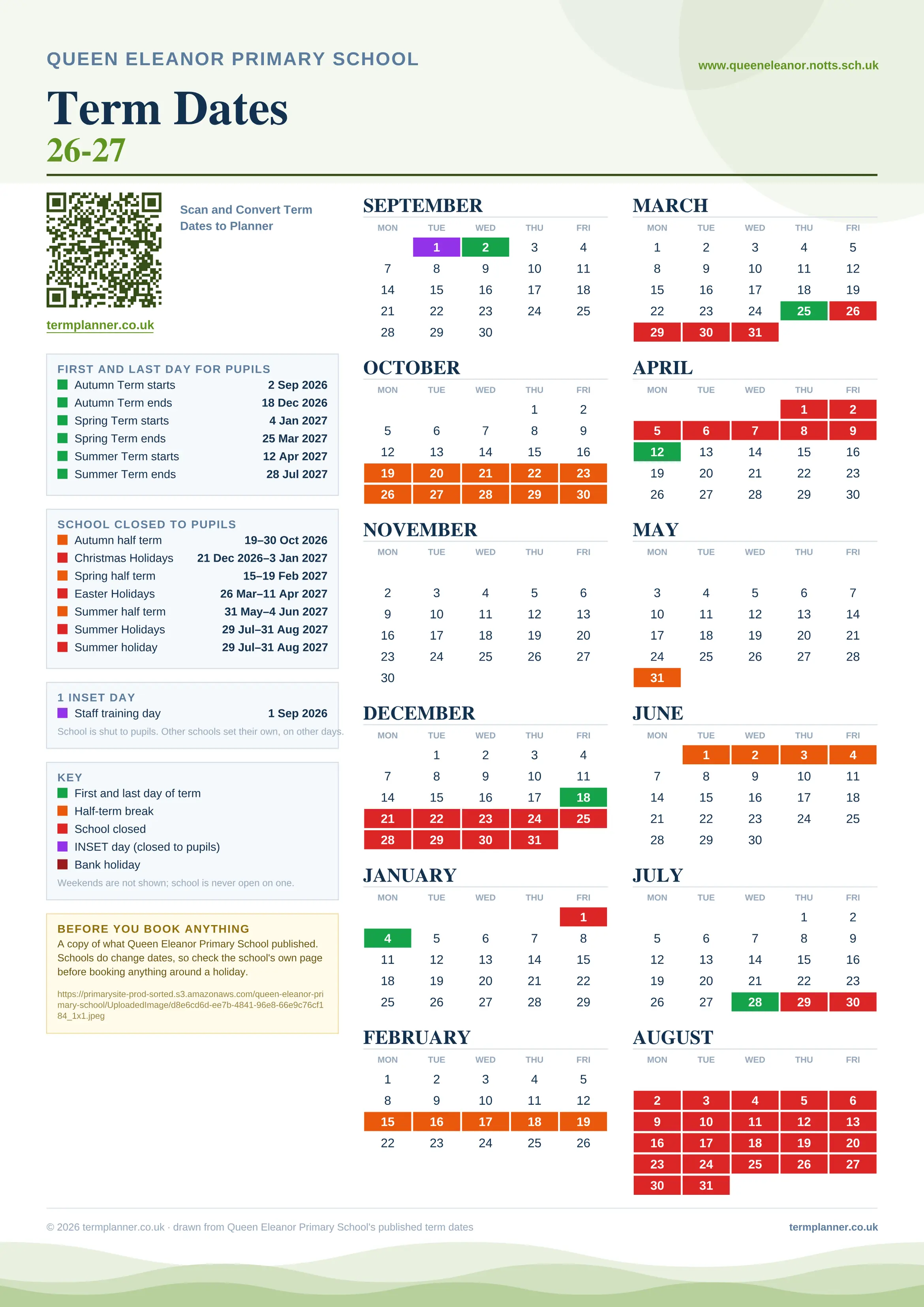Queen Eleanor Primary School’s 2026/27 school year drawn as one sheet: twelve month grids from September to August, Monday to Friday, with autumn term 2 September to 18 December 2026, spring term 4 January to 25 March 2027, summer term 12 April to 28 July 2027. Half terms, holidays and bank holidays are filled in colour, the first and last day of each term is marked, 1 INSET day is picked out, and every date is listed again in words down the left.
