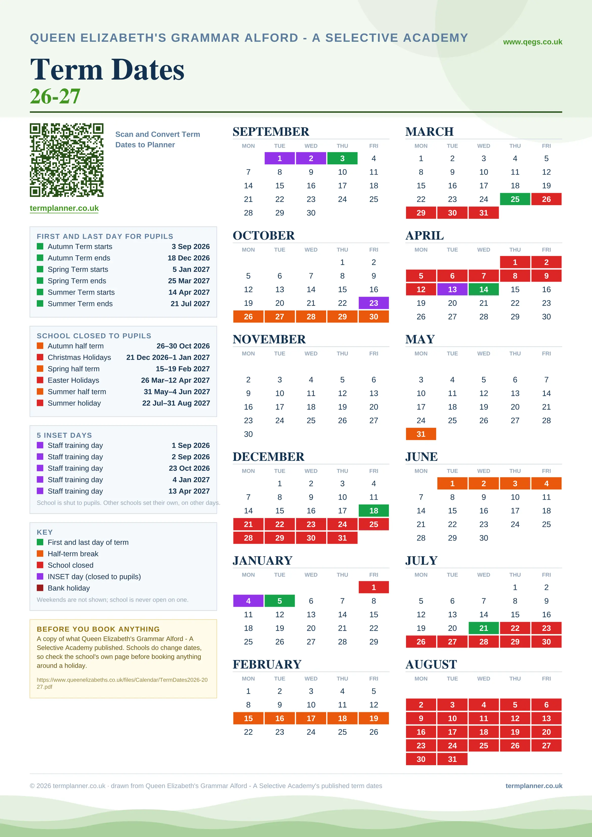 Queen Elizabeth's Grammar Alford - A Selective Academy’s 2026/27 school year drawn as one sheet: twelve month grids from September to August, Monday to Friday, with autumn term 3 September to 18 December 2026, spring term 5 January to 25 March 2027, summer term 14 April to 21 July 2027. Half terms, holidays and bank holidays are filled in colour, the first and last day of each term is marked, 5 INSET days are picked out, and every date is listed again in words down the left.