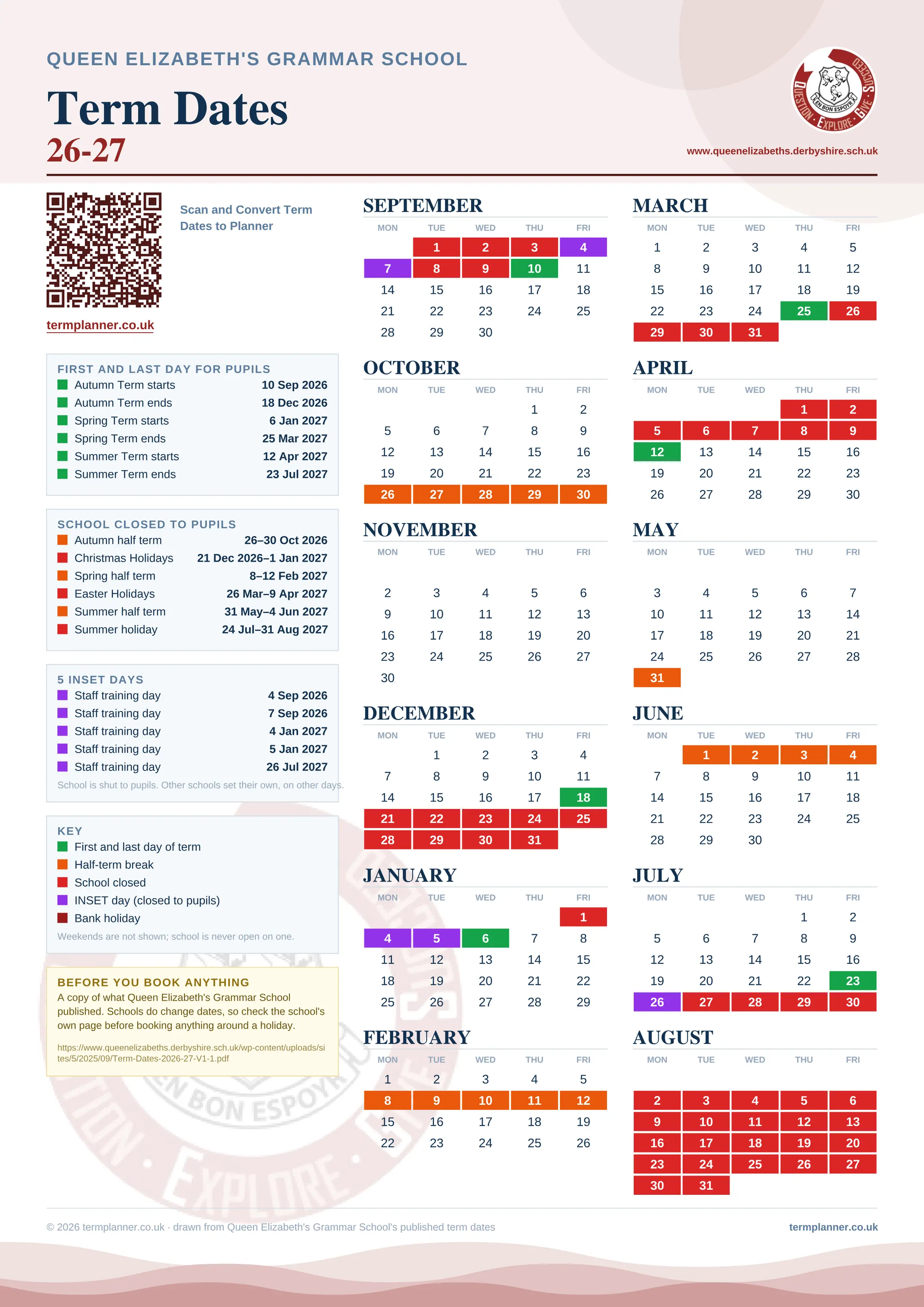 Queen Elizabeth's Grammar School’s 2026/27 school year drawn as one sheet: twelve month grids from September to August, Monday to Friday, with autumn term 10 September to 18 December 2026, spring term 6 January to 25 March 2027, summer term 12 April to 23 July 2027. Half terms, holidays and bank holidays are filled in colour, the first and last day of each term is marked, 5 INSET days are picked out, and every date is listed again in words down the left.