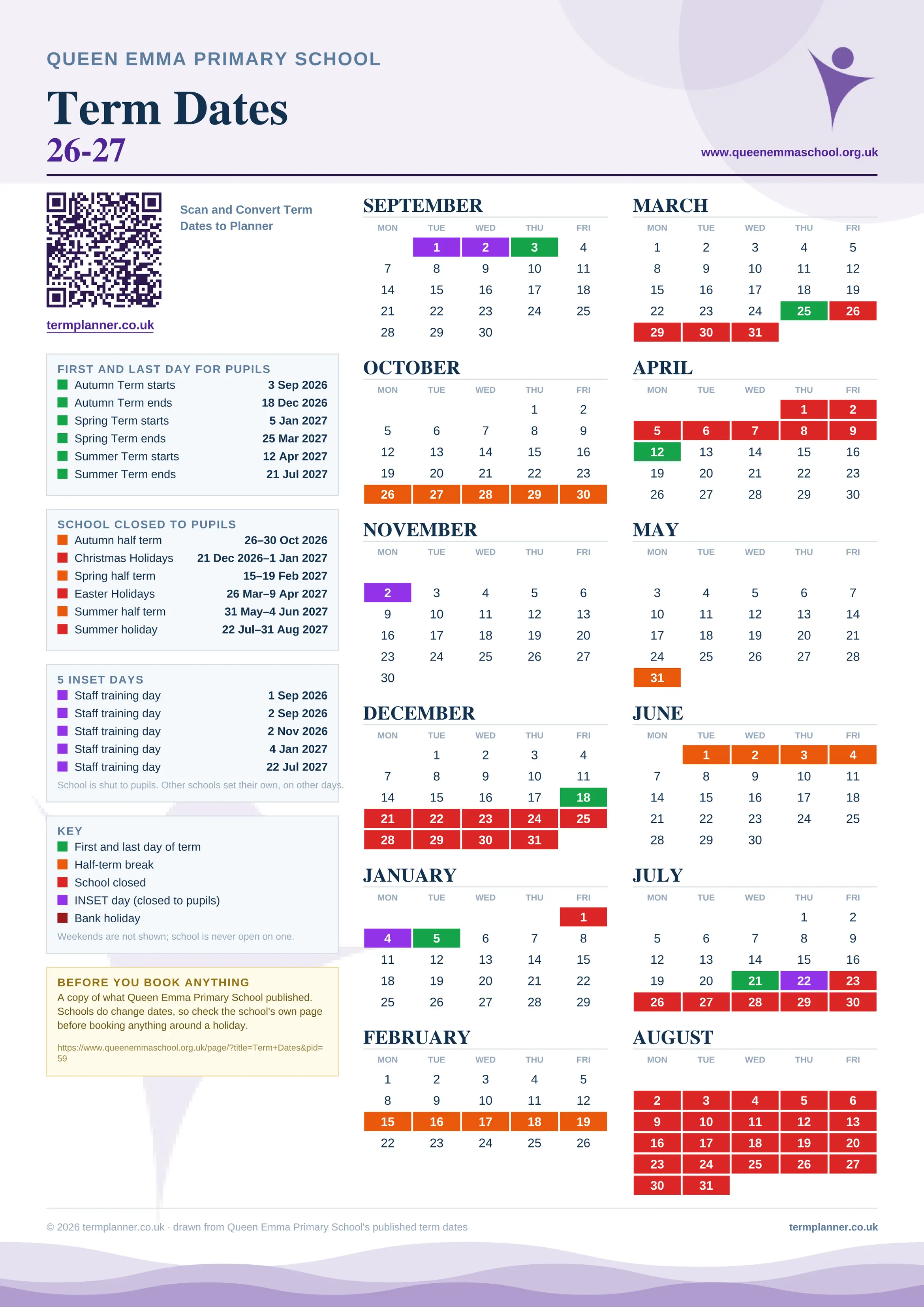 Queen Emma Primary School’s 2026/27 school year drawn as one sheet: twelve month grids from September to August, Monday to Friday, with autumn term 3 September to 18 December 2026, spring term 5 January to 25 March 2027, summer term 12 April to 21 July 2027. Half terms, holidays and bank holidays are filled in colour, the first and last day of each term is marked, 5 INSET days are picked out, and every date is listed again in words down the left.