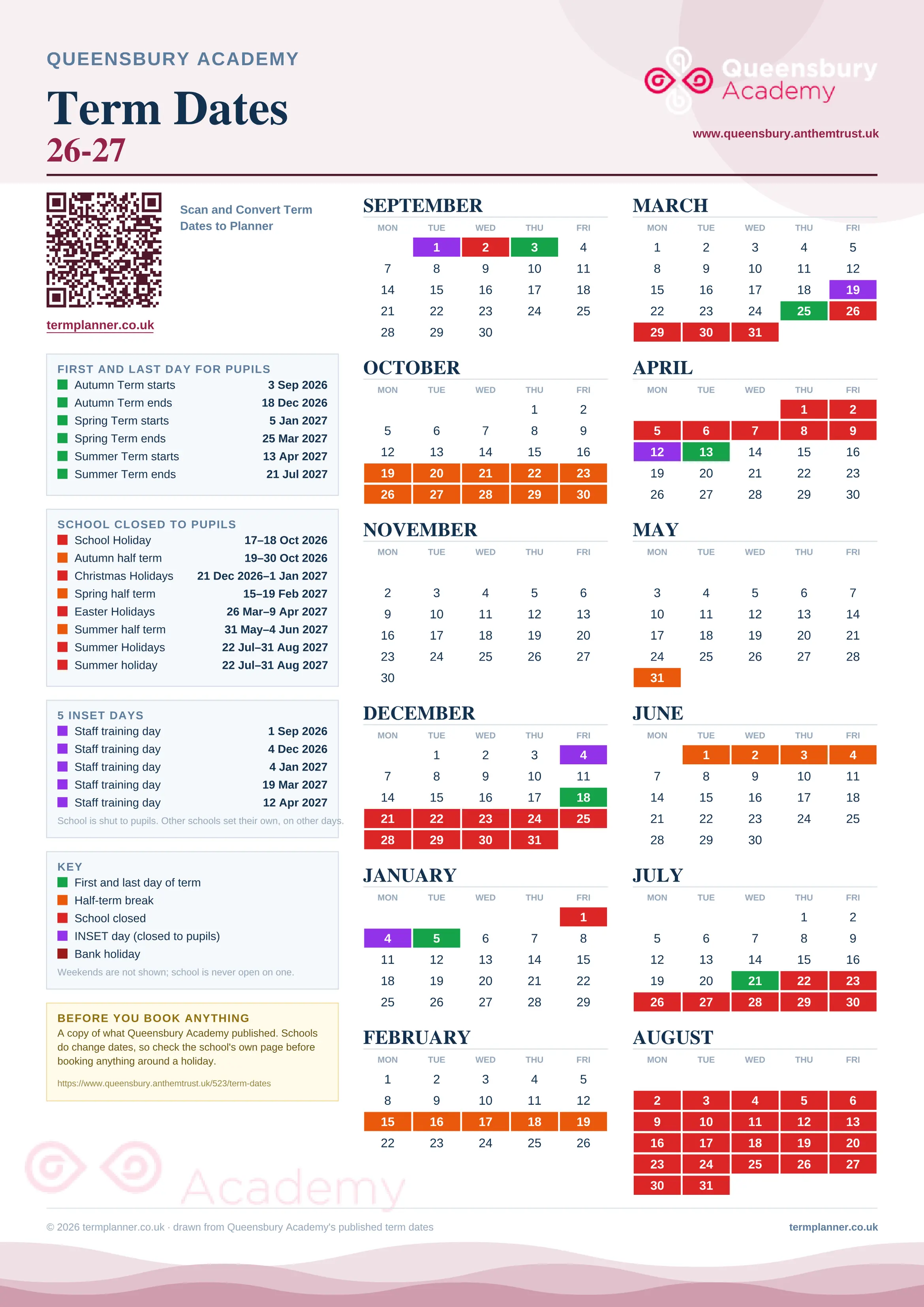Queensbury Academy’s 2026/27 school year drawn as one sheet: twelve month grids from September to August, Monday to Friday, with autumn term 3 September to 18 December 2026, spring term 5 January to 25 March 2027, summer term 13 April to 21 July 2027. Half terms, holidays and bank holidays are filled in colour, the first and last day of each term is marked, 5 INSET days are picked out, and every date is listed again in words down the left.