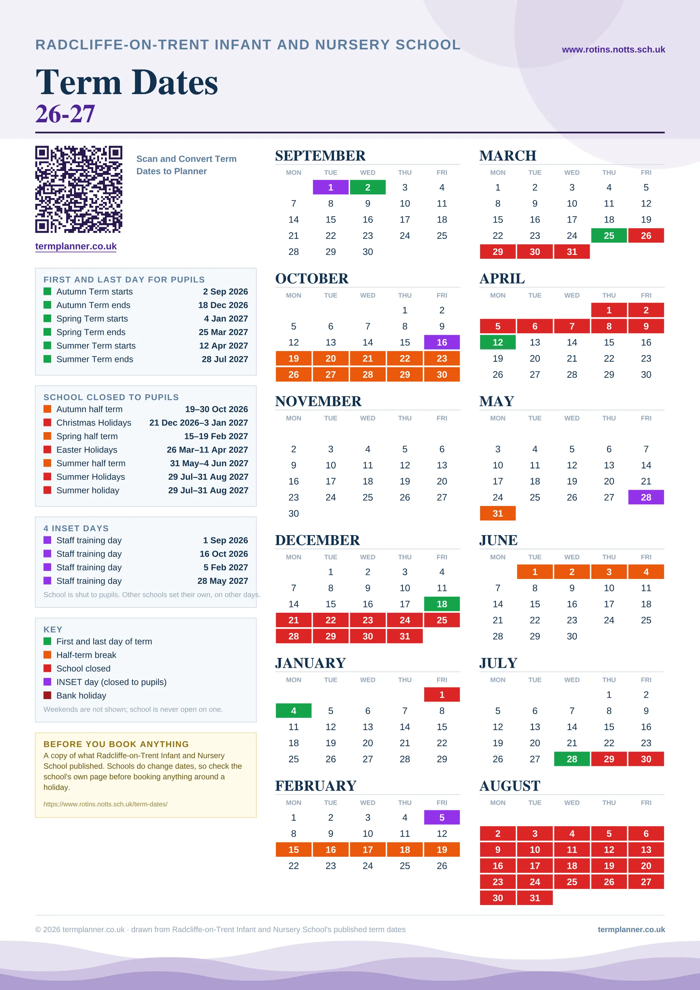 Radcliffe-on-Trent Infant and Nursery School’s 2026/27 school year drawn as one sheet: twelve month grids from September to August, Monday to Friday, with autumn term 2 September to 18 December 2026, spring term 4 January to 25 March 2027, summer term 12 April to 28 July 2027. Half terms, holidays and bank holidays are filled in colour, the first and last day of each term is marked, 4 INSET days are picked out, and every date is listed again in words down the left.
