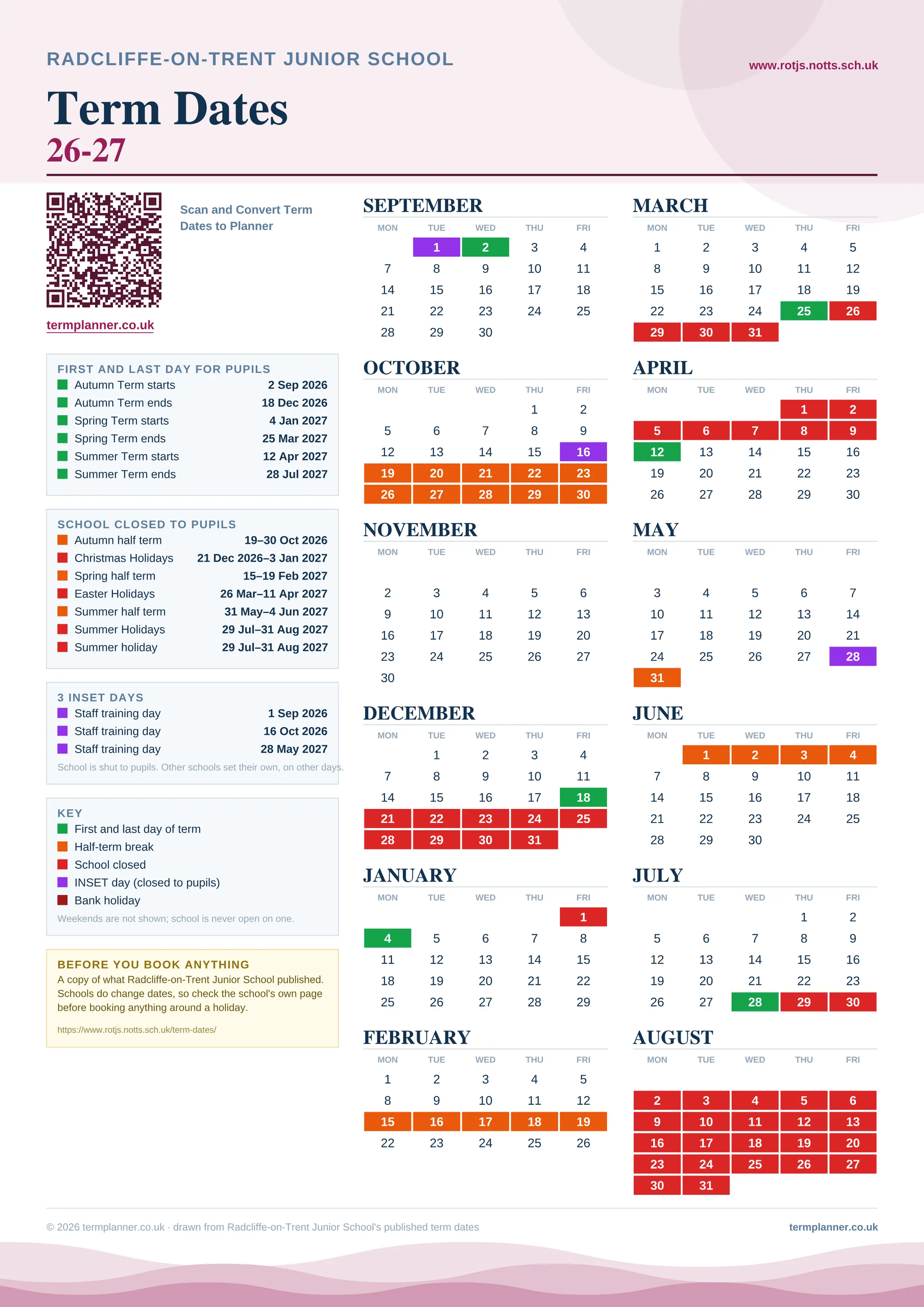 Radcliffe-on-Trent Junior School’s 2026/27 school year drawn as one sheet: twelve month grids from September to August, Monday to Friday, with autumn term 2 September to 18 December 2026, spring term 4 January to 25 March 2027, summer term 12 April to 28 July 2027. Half terms, holidays and bank holidays are filled in colour, the first and last day of each term is marked, 3 INSET days are picked out, and every date is listed again in words down the left.