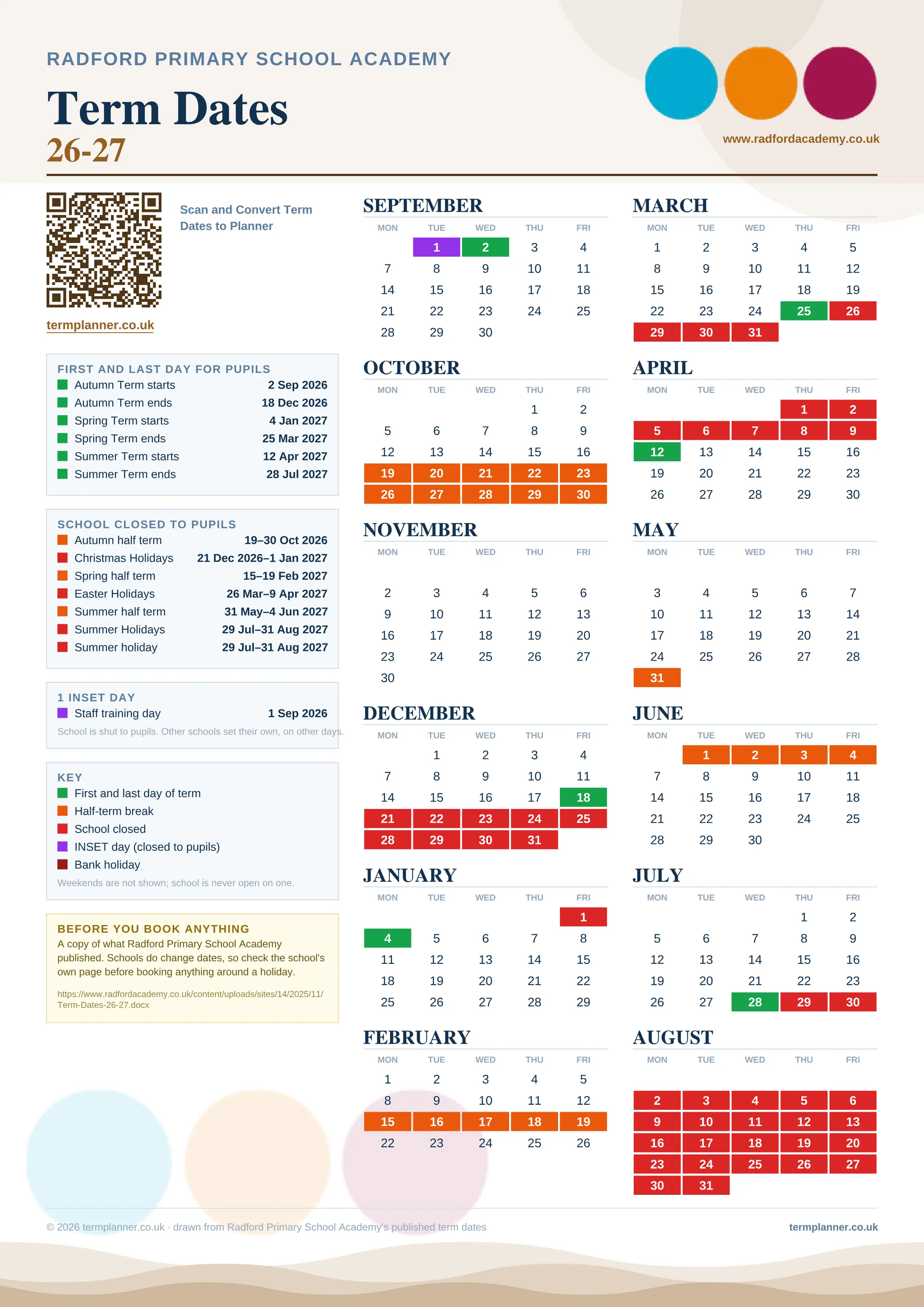 Radford Primary School Academy’s 2026/27 school year drawn as one sheet: twelve month grids from September to August, Monday to Friday, with autumn term 2 September to 18 December 2026, spring term 4 January to 25 March 2027, summer term 12 April to 28 July 2027. Half terms, holidays and bank holidays are filled in colour, the first and last day of each term is marked, 1 INSET day is picked out, and every date is listed again in words down the left.