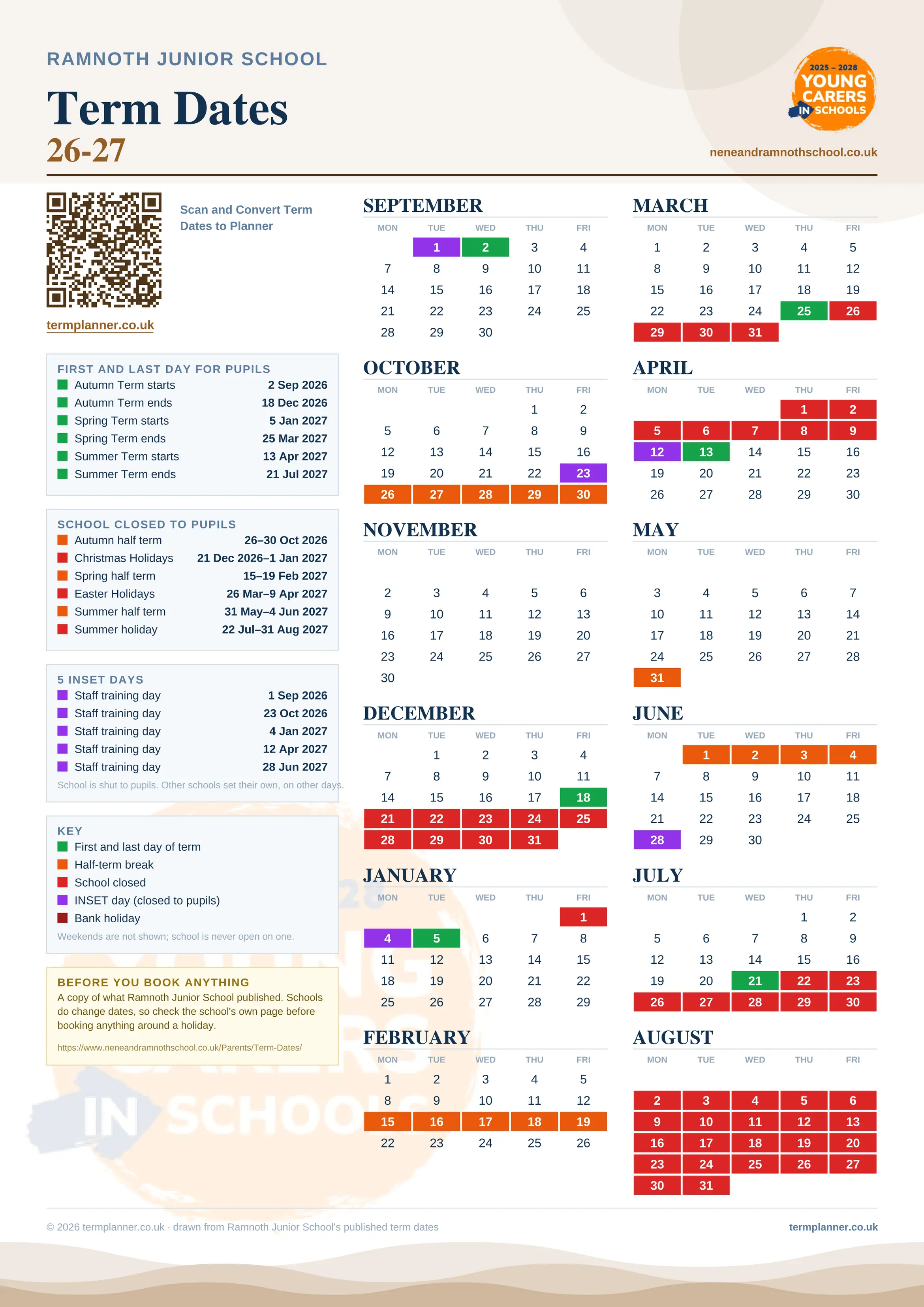 Ramnoth Junior School’s 2026/27 school year drawn as one sheet: twelve month grids from September to August, Monday to Friday, with autumn term 2 September to 18 December 2026, spring term 5 January to 25 March 2027, summer term 13 April to 21 July 2027. Half terms, holidays and bank holidays are filled in colour, the first and last day of each term is marked, 5 INSET days are picked out, and every date is listed again in words down the left.