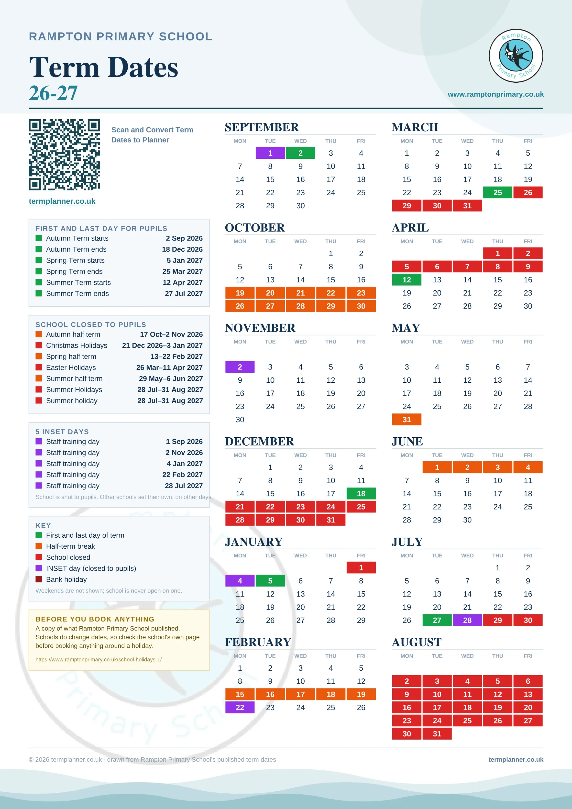 Rampton Primary School’s 2026/27 school year drawn as one sheet: twelve month grids from September to August, Monday to Friday, with autumn term 2 September to 18 December 2026, spring term 5 January to 25 March 2027, summer term 12 April to 27 July 2027. Half terms, holidays and bank holidays are filled in colour, the first and last day of each term is marked, 5 INSET days are picked out, and every date is listed again in words down the left.