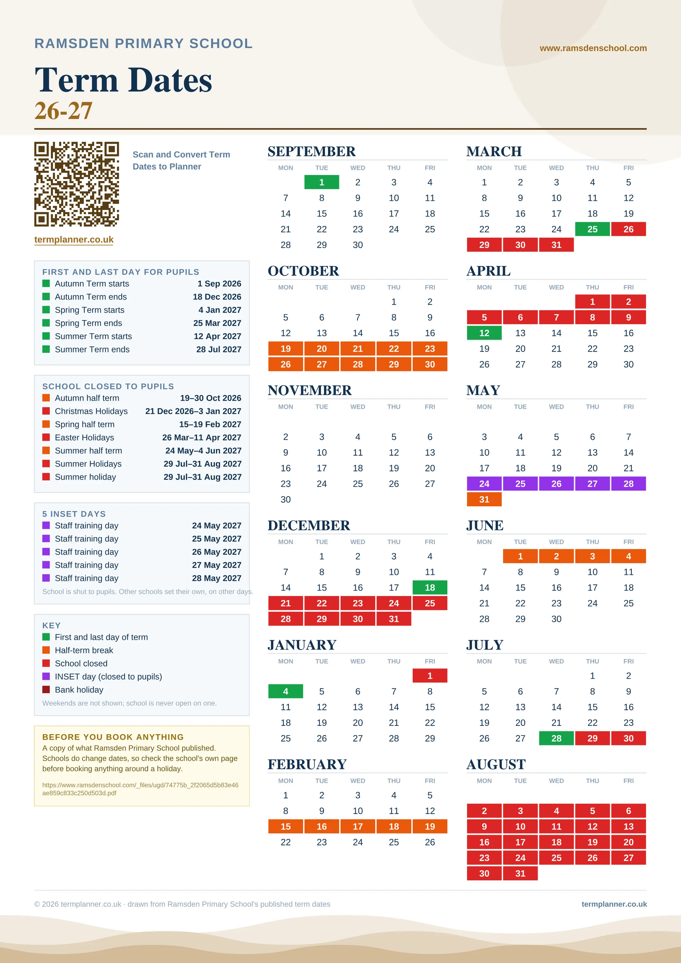 Ramsden Primary School’s 2026/27 school year drawn as one sheet: twelve month grids from September to August, Monday to Friday, with autumn term 1 September to 18 December 2026, spring term 4 January to 25 March 2027, summer term 12 April to 28 July 2027. Half terms, holidays and bank holidays are filled in colour, the first and last day of each term is marked, 5 INSET days are picked out, and every date is listed again in words down the left.