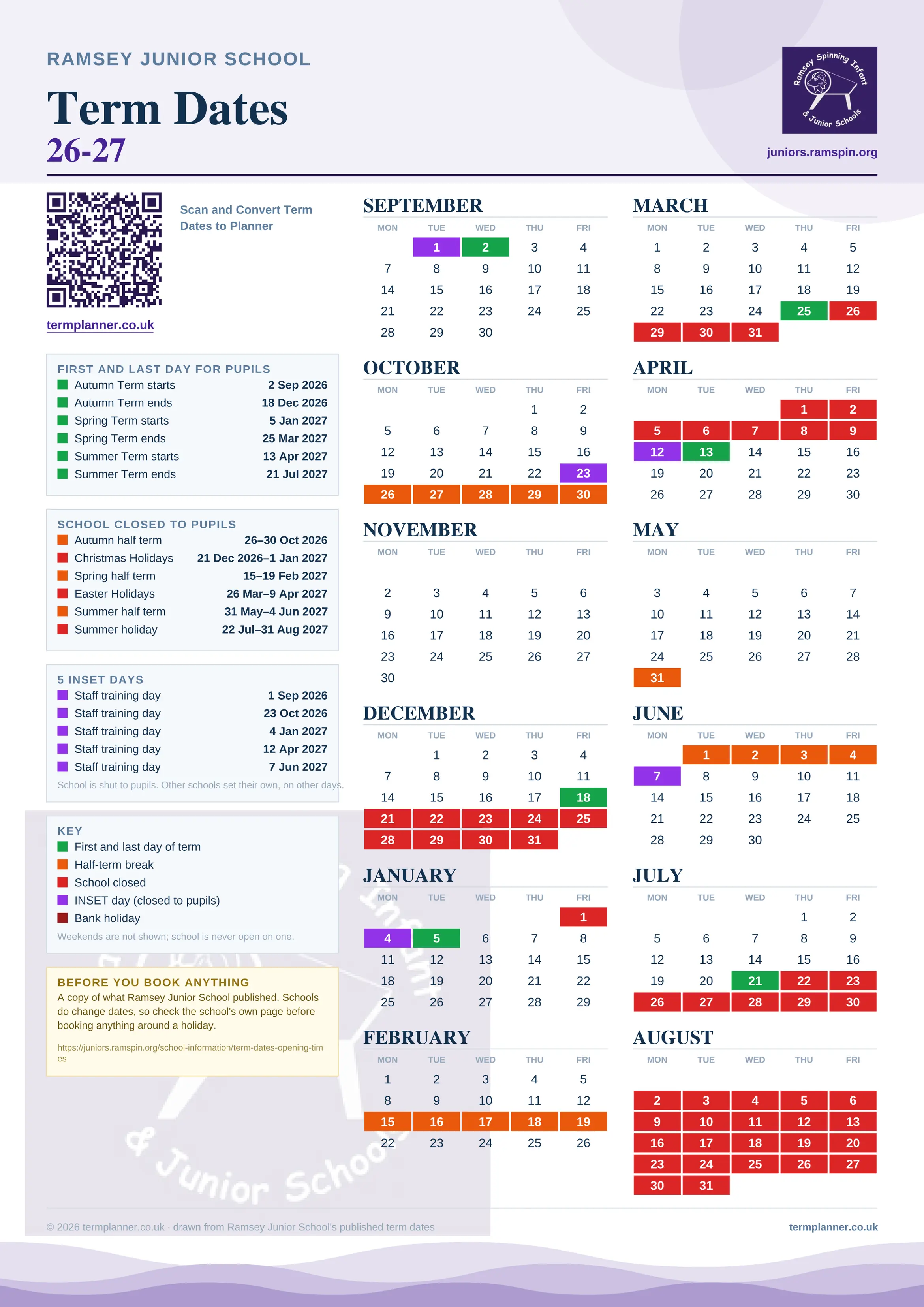Ramsey Junior School’s 2026/27 school year drawn as one sheet: twelve month grids from September to August, Monday to Friday, with autumn term 2 September to 18 December 2026, spring term 5 January to 25 March 2027, summer term 13 April to 21 July 2027. Half terms, holidays and bank holidays are filled in colour, the first and last day of each term is marked, 5 INSET days are picked out, and every date is listed again in words down the left.