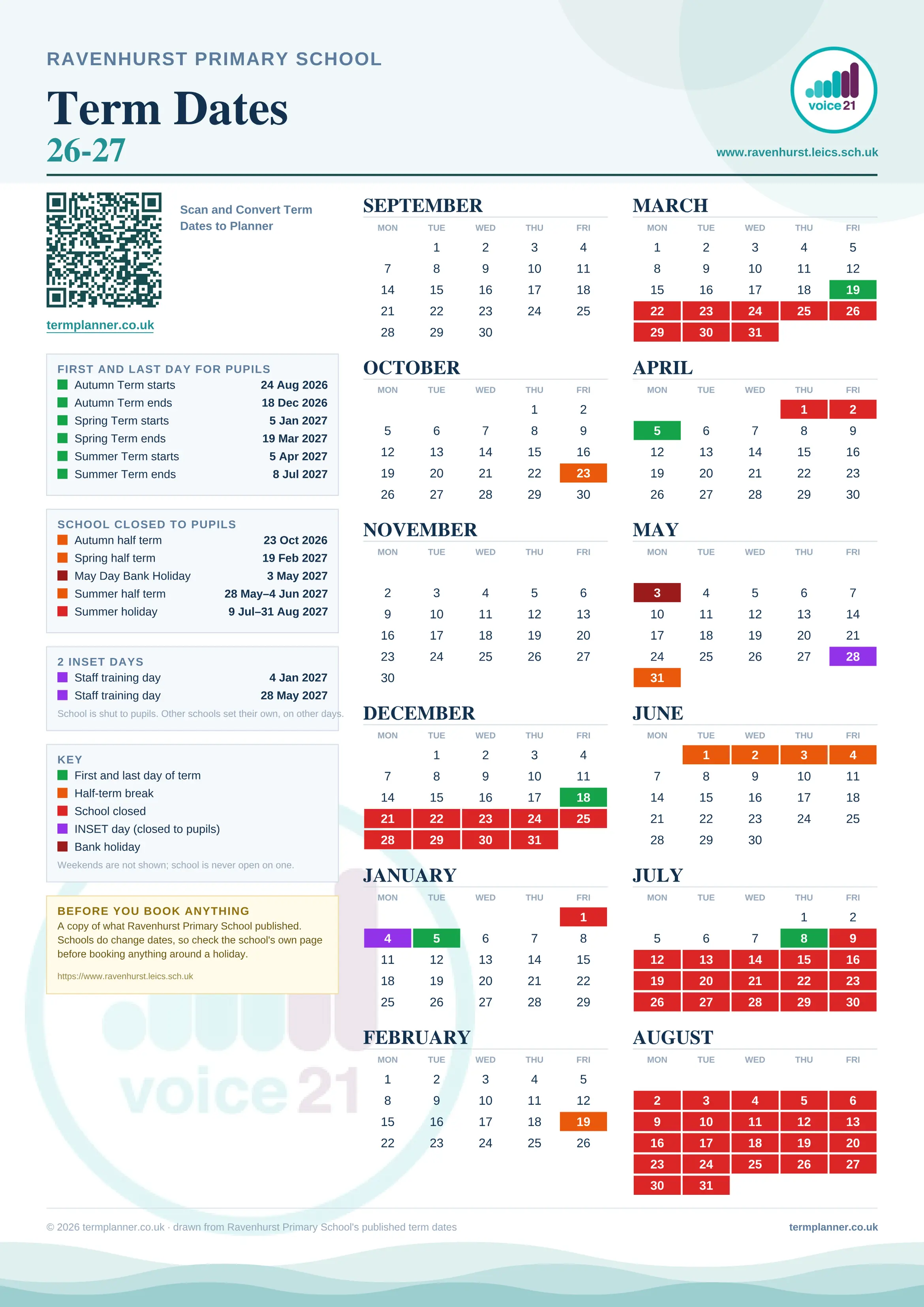 Ravenhurst Primary School’s 2026/27 school year drawn as one sheet: twelve month grids from September to August, Monday to Friday, with autumn term 24 August to 18 December 2026, spring term 5 January to 19 March 2027, summer term 5 April to 8 July 2027. Half terms, holidays and bank holidays are filled in colour, the first and last day of each term is marked, 2 INSET days are picked out, and every date is listed again in words down the left.