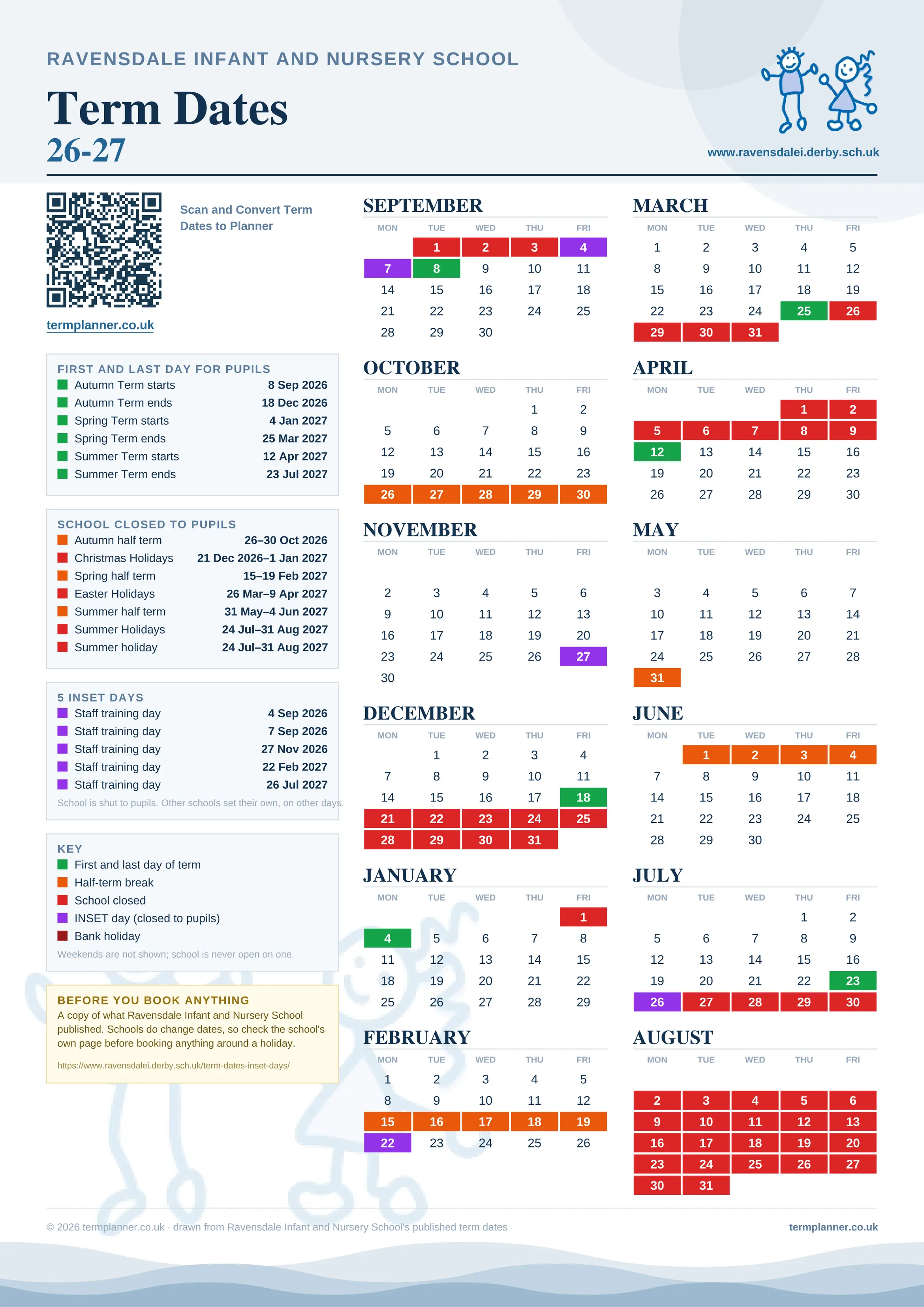 Ravensdale Infant and Nursery School’s 2026/27 school year drawn as one sheet: twelve month grids from September to August, Monday to Friday, with autumn term 8 September to 18 December 2026, spring term 4 January to 25 March 2027, summer term 12 April to 23 July 2027. Half terms, holidays and bank holidays are filled in colour, the first and last day of each term is marked, 5 INSET days are picked out, and every date is listed again in words down the left.