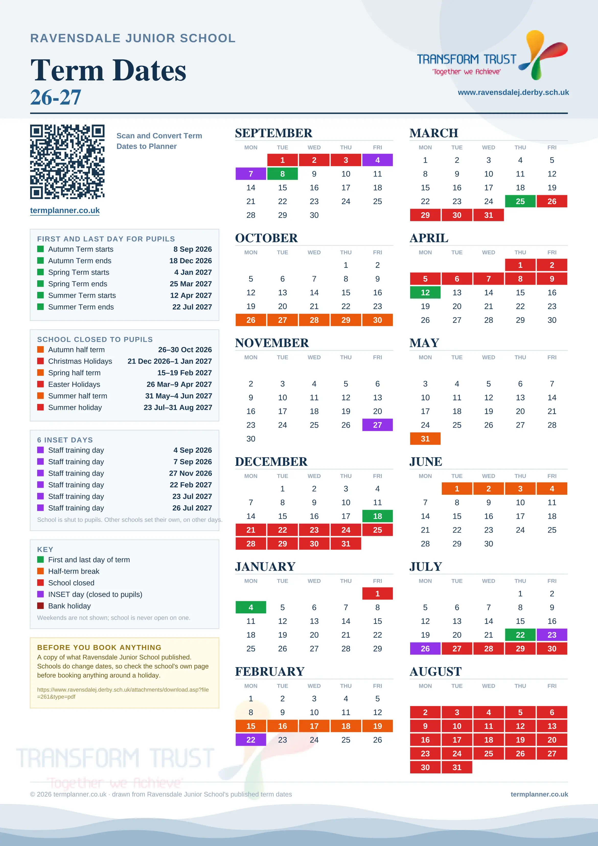 Ravensdale Junior School’s 2026/27 school year drawn as one sheet: twelve month grids from September to August, Monday to Friday, with autumn term 8 September to 18 December 2026, spring term 4 January to 25 March 2027, summer term 12 April to 22 July 2027. Half terms, holidays and bank holidays are filled in colour, the first and last day of each term is marked, 6 INSET days are picked out, and every date is listed again in words down the left.
