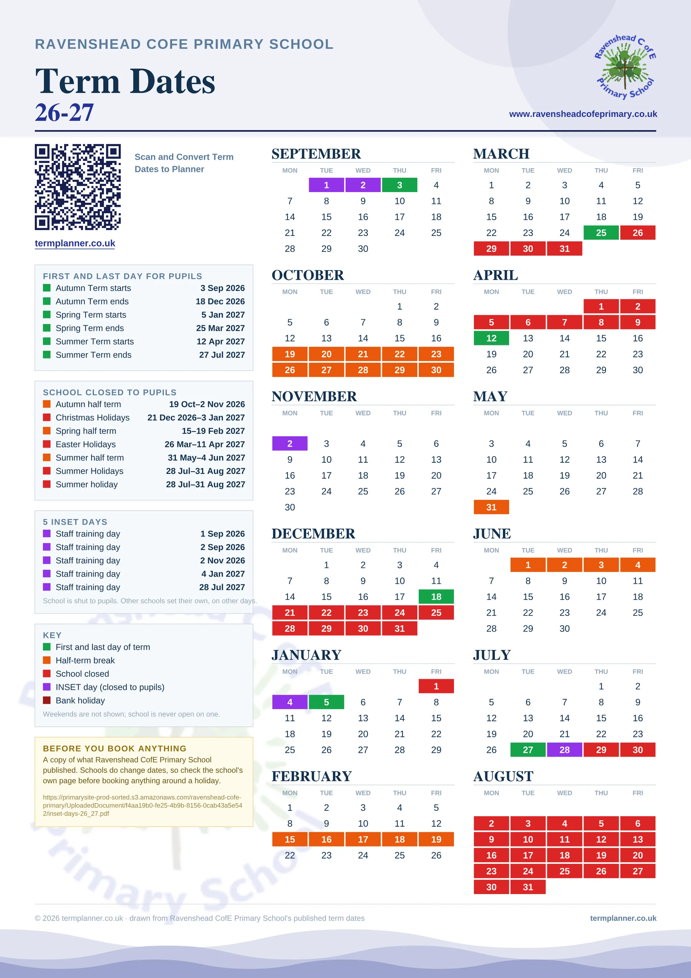 Ravenshead CofE Primary School’s 2026/27 school year drawn as one sheet: twelve month grids from September to August, Monday to Friday, with autumn term 3 September to 18 December 2026, spring term 5 January to 25 March 2027, summer term 12 April to 27 July 2027. Half terms, holidays and bank holidays are filled in colour, the first and last day of each term is marked, 5 INSET days are picked out, and every date is listed again in words down the left.