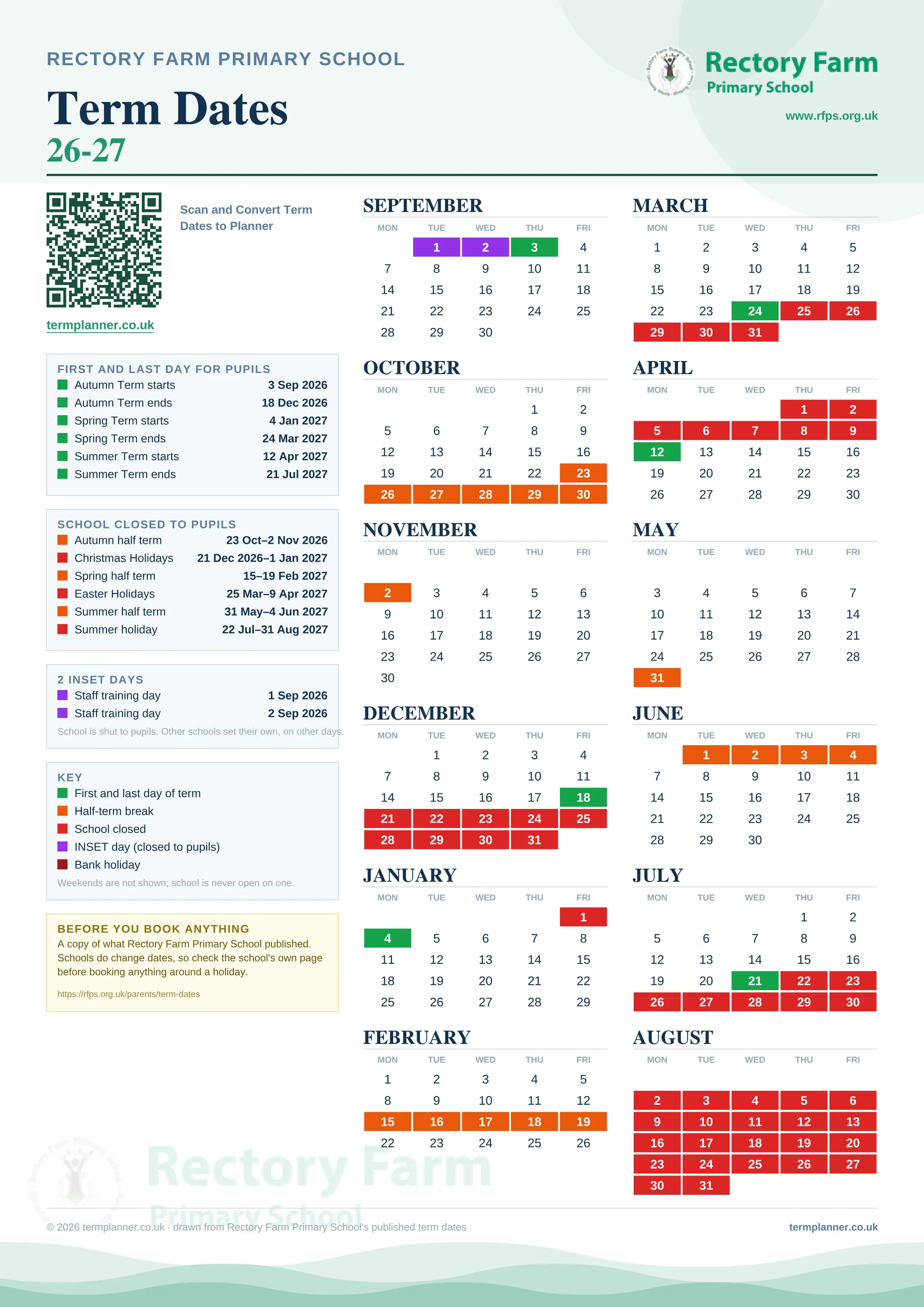 Rectory Farm Primary School’s 2026/27 school year drawn as one sheet: twelve month grids from September to August, Monday to Friday, with autumn term 3 September to 18 December 2026, spring term 4 January to 24 March 2027, summer term 12 April to 21 July 2027. Half terms, holidays and bank holidays are filled in colour, the first and last day of each term is marked, 2 INSET days are picked out, and every date is listed again in words down the left.