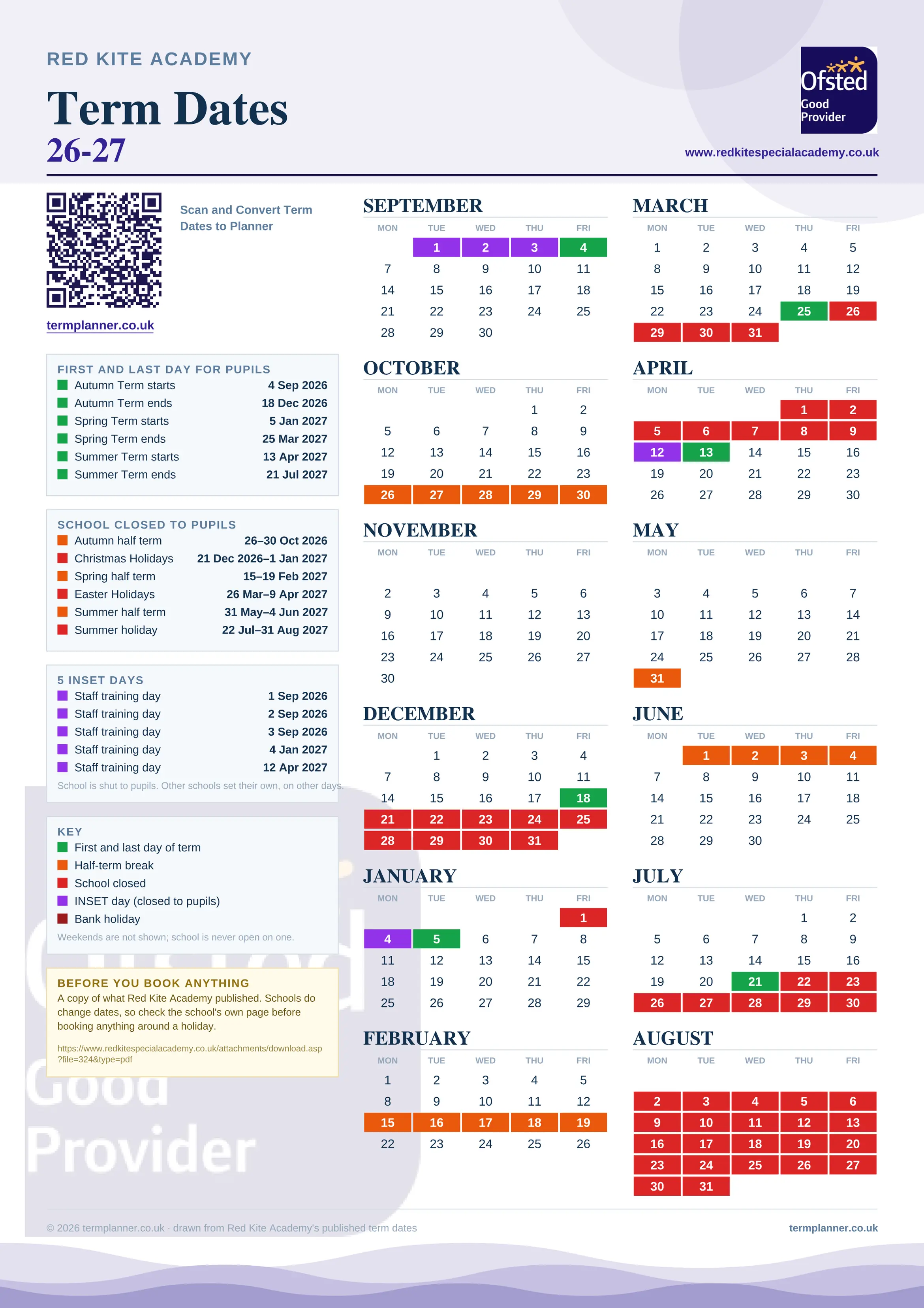 Red Kite Academy’s 2026/27 school year drawn as one sheet: twelve month grids from September to August, Monday to Friday, with autumn term 4 September to 18 December 2026, spring term 5 January to 25 March 2027, summer term 13 April to 21 July 2027. Half terms, holidays and bank holidays are filled in colour, the first and last day of each term is marked, 5 INSET days are picked out, and every date is listed again in words down the left.