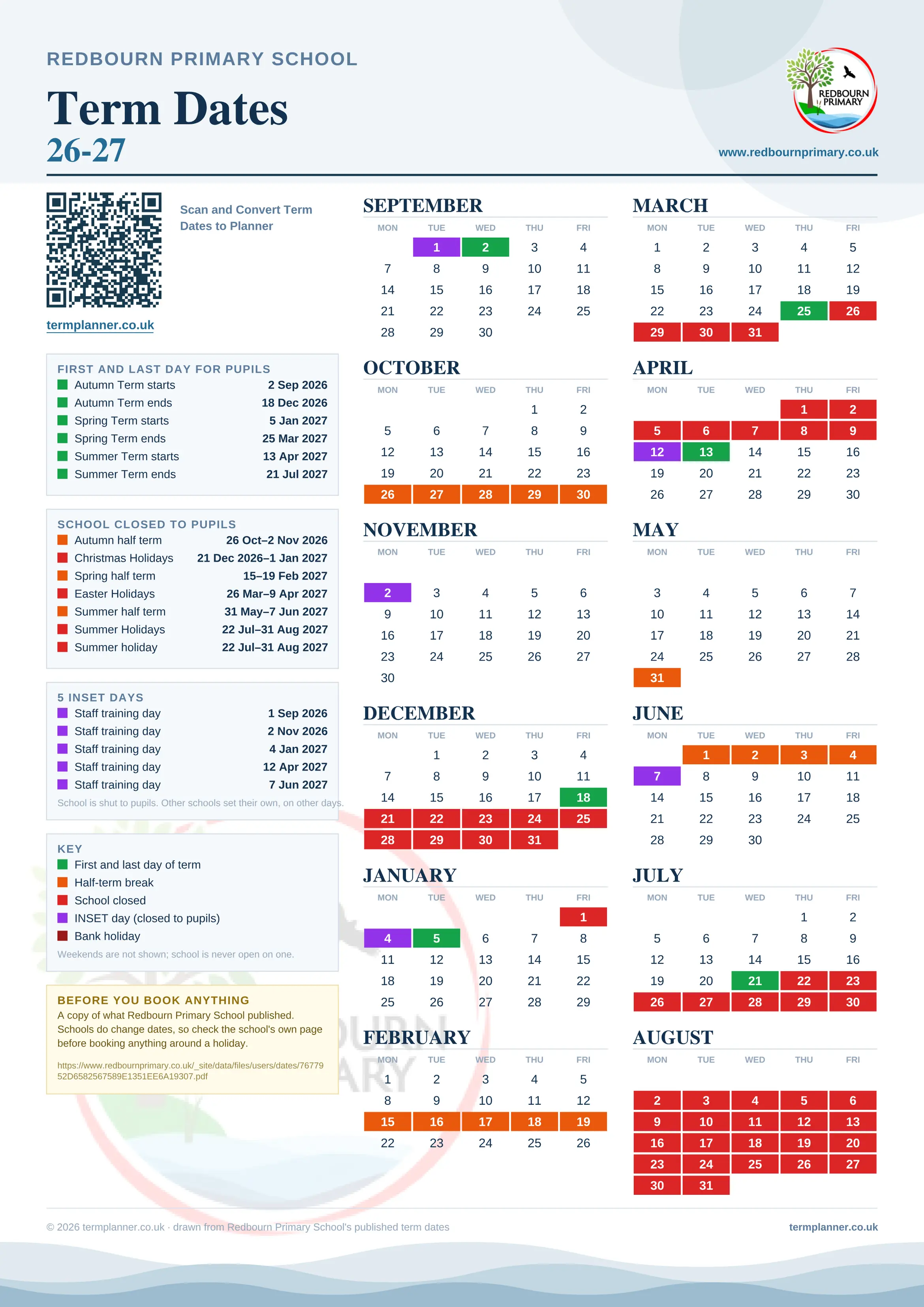 Redbourn Primary School’s 2026/27 school year drawn as one sheet: twelve month grids from September to August, Monday to Friday, with autumn term 2 September to 18 December 2026, spring term 5 January to 25 March 2027, summer term 13 April to 21 July 2027. Half terms, holidays and bank holidays are filled in colour, the first and last day of each term is marked, 5 INSET days are picked out, and every date is listed again in words down the left.