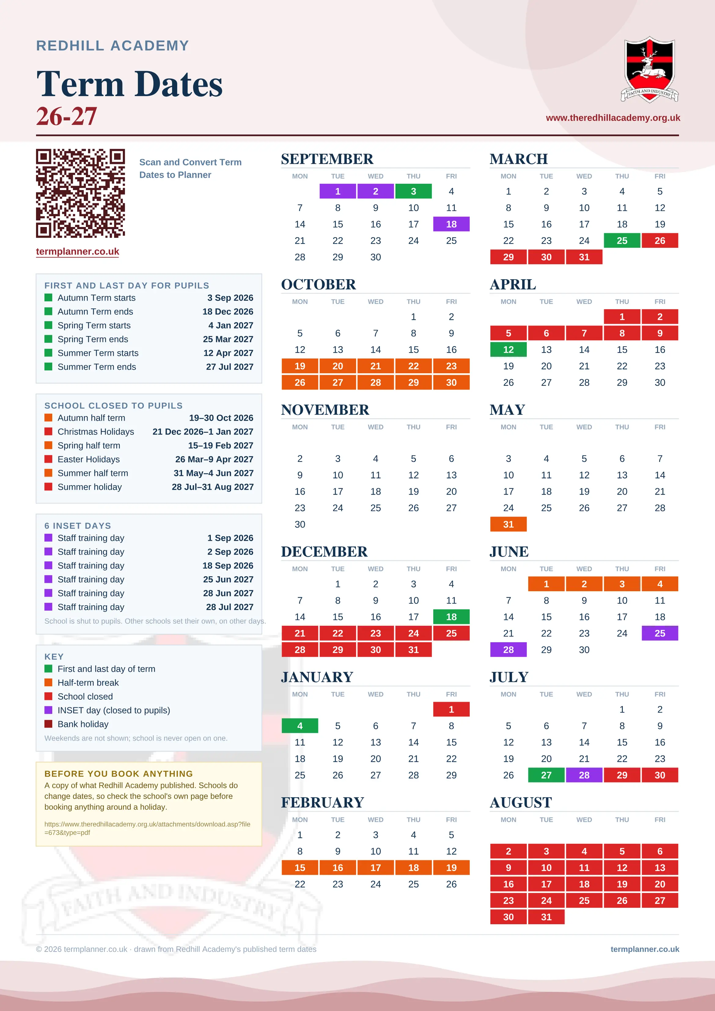 Redhill Academy’s 2026/27 school year drawn as one sheet: twelve month grids from September to August, Monday to Friday, with autumn term 3 September to 18 December 2026, spring term 4 January to 25 March 2027, summer term 12 April to 27 July 2027. Half terms, holidays and bank holidays are filled in colour, the first and last day of each term is marked, 6 INSET days are picked out, and every date is listed again in words down the left.