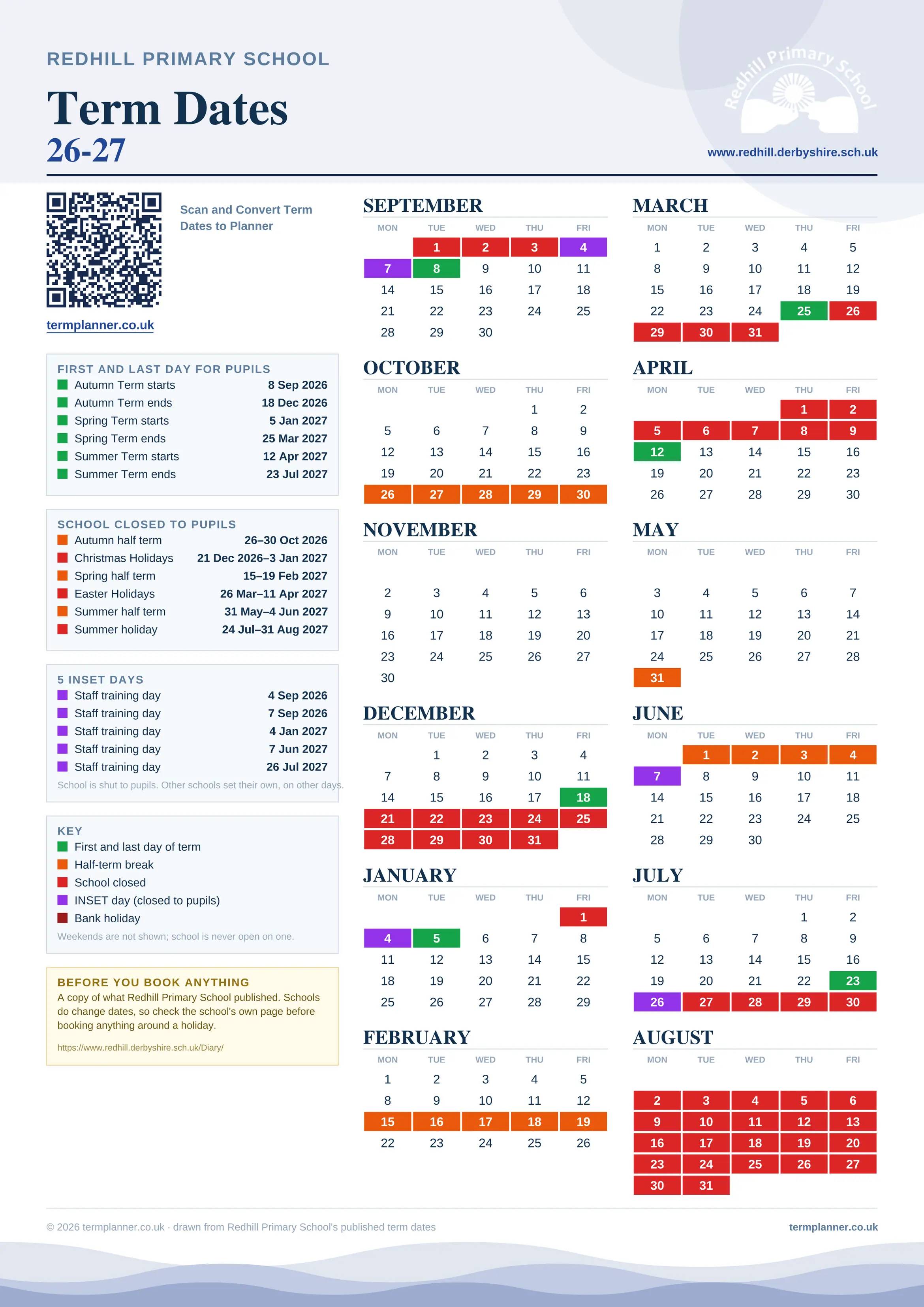 Redhill Primary School’s 2026/27 school year drawn as one sheet: twelve month grids from September to August, Monday to Friday, with autumn term 8 September to 18 December 2026, spring term 5 January to 25 March 2027, summer term 12 April to 23 July 2027. Half terms, holidays and bank holidays are filled in colour, the first and last day of each term is marked, 5 INSET days are picked out, and every date is listed again in words down the left.