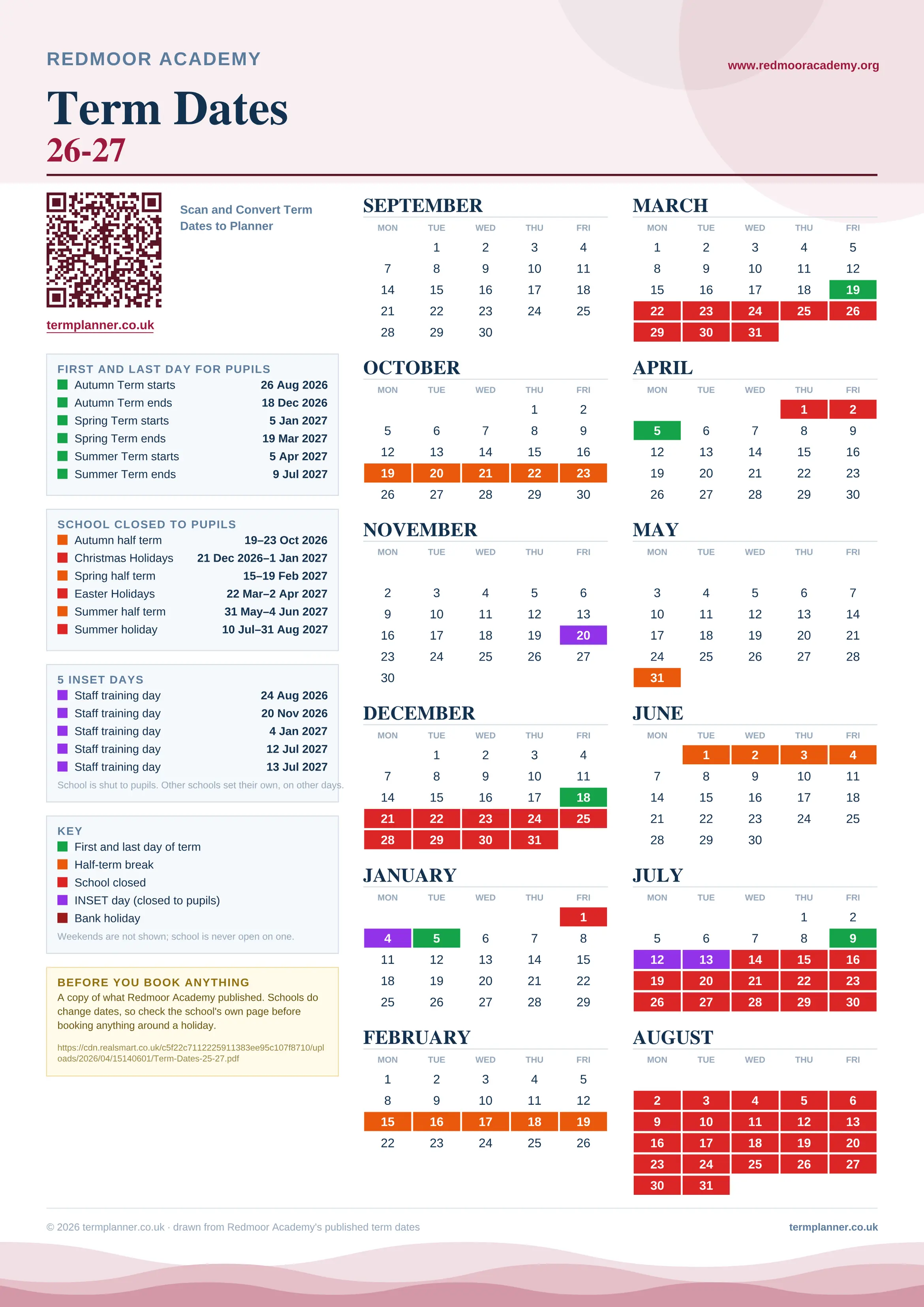 Redmoor Academy’s 2026/27 school year drawn as one sheet: twelve month grids from September to August, Monday to Friday, with autumn term 26 August to 18 December 2026, spring term 5 January to 19 March 2027, summer term 5 April to 9 July 2027. Half terms, holidays and bank holidays are filled in colour, the first and last day of each term is marked, 5 INSET days are picked out, and every date is listed again in words down the left.