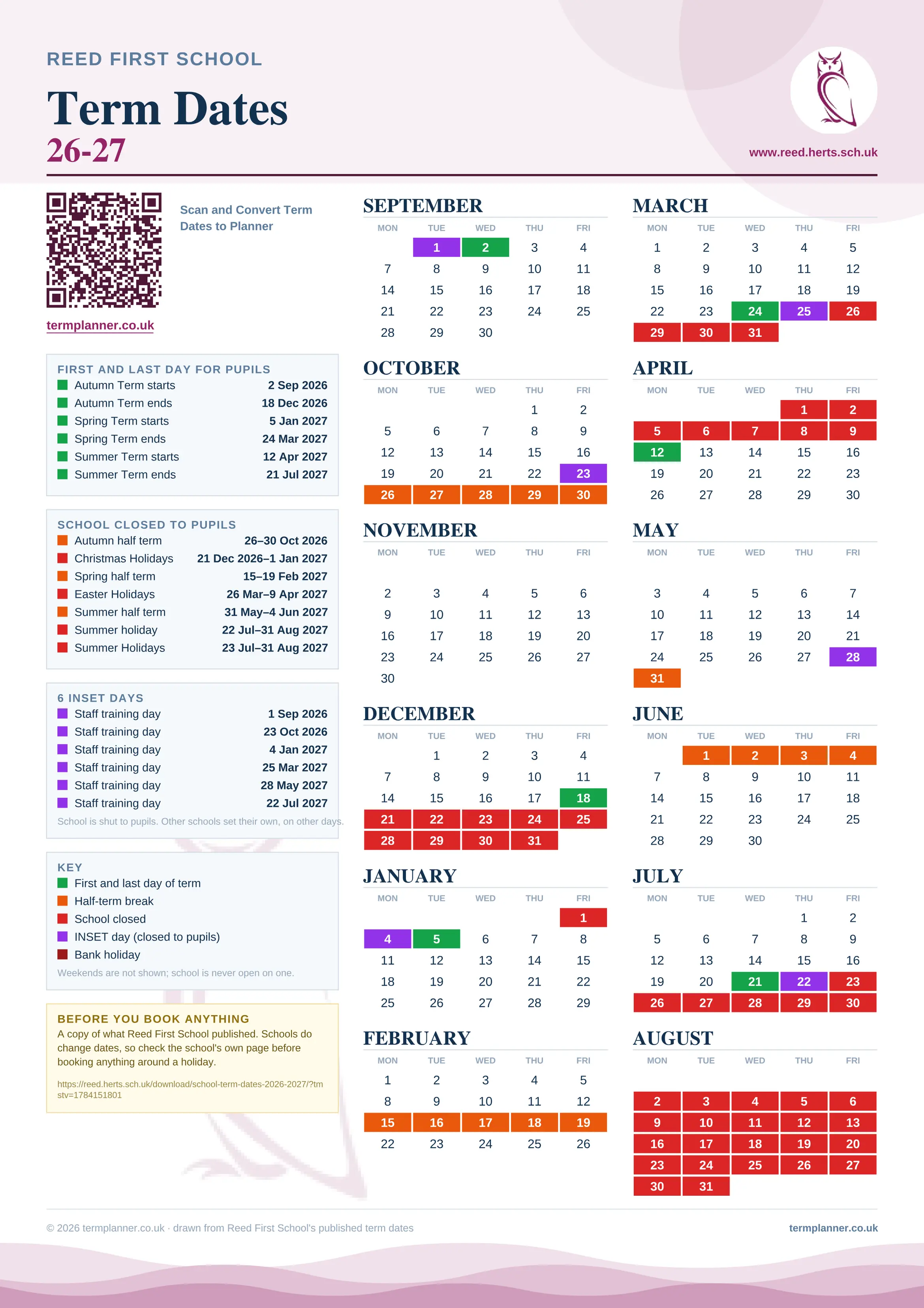 Reed First School’s 2026/27 school year drawn as one sheet: twelve month grids from September to August, Monday to Friday, with autumn term 2 September to 18 December 2026, spring term 5 January to 24 March 2027, summer term 12 April to 21 July 2027. Half terms, holidays and bank holidays are filled in colour, the first and last day of each term is marked, 6 INSET days are picked out, and every date is listed again in words down the left.