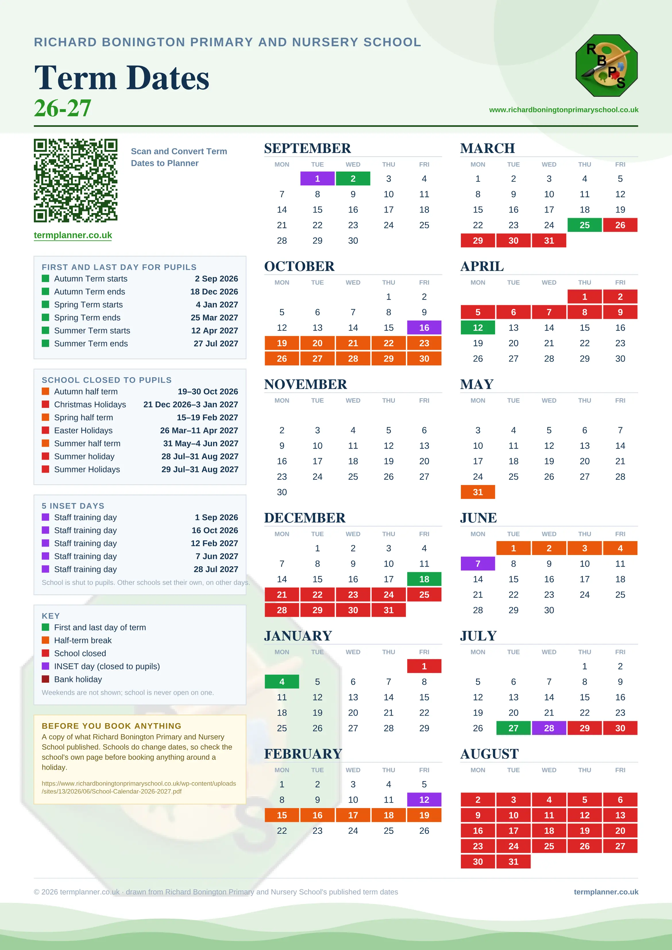 Richard Bonington Primary and Nursery School’s 2026/27 school year drawn as one sheet: twelve month grids from September to August, Monday to Friday, with autumn term 2 September to 18 December 2026, spring term 4 January to 25 March 2027, summer term 12 April to 27 July 2027. Half terms, holidays and bank holidays are filled in colour, the first and last day of each term is marked, 5 INSET days are picked out, and every date is listed again in words down the left.