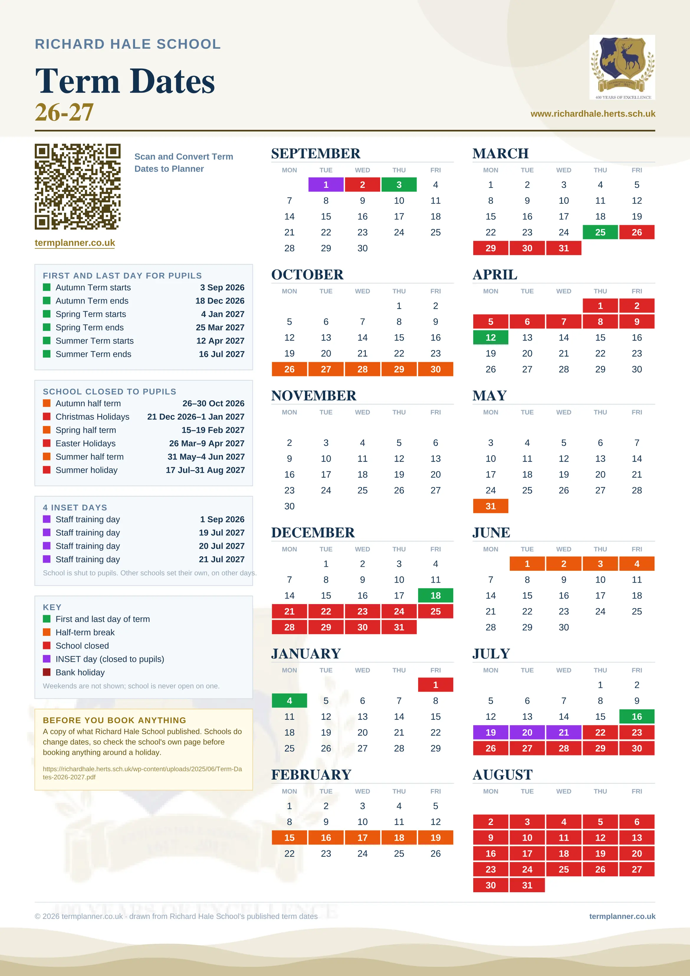 Richard Hale School’s 2026/27 school year drawn as one sheet: twelve month grids from September to August, Monday to Friday, with autumn term 3 September to 18 December 2026, spring term 4 January to 25 March 2027, summer term 12 April to 16 July 2027. Half terms, holidays and bank holidays are filled in colour, the first and last day of each term is marked, 4 INSET days are picked out, and every date is listed again in words down the left.
