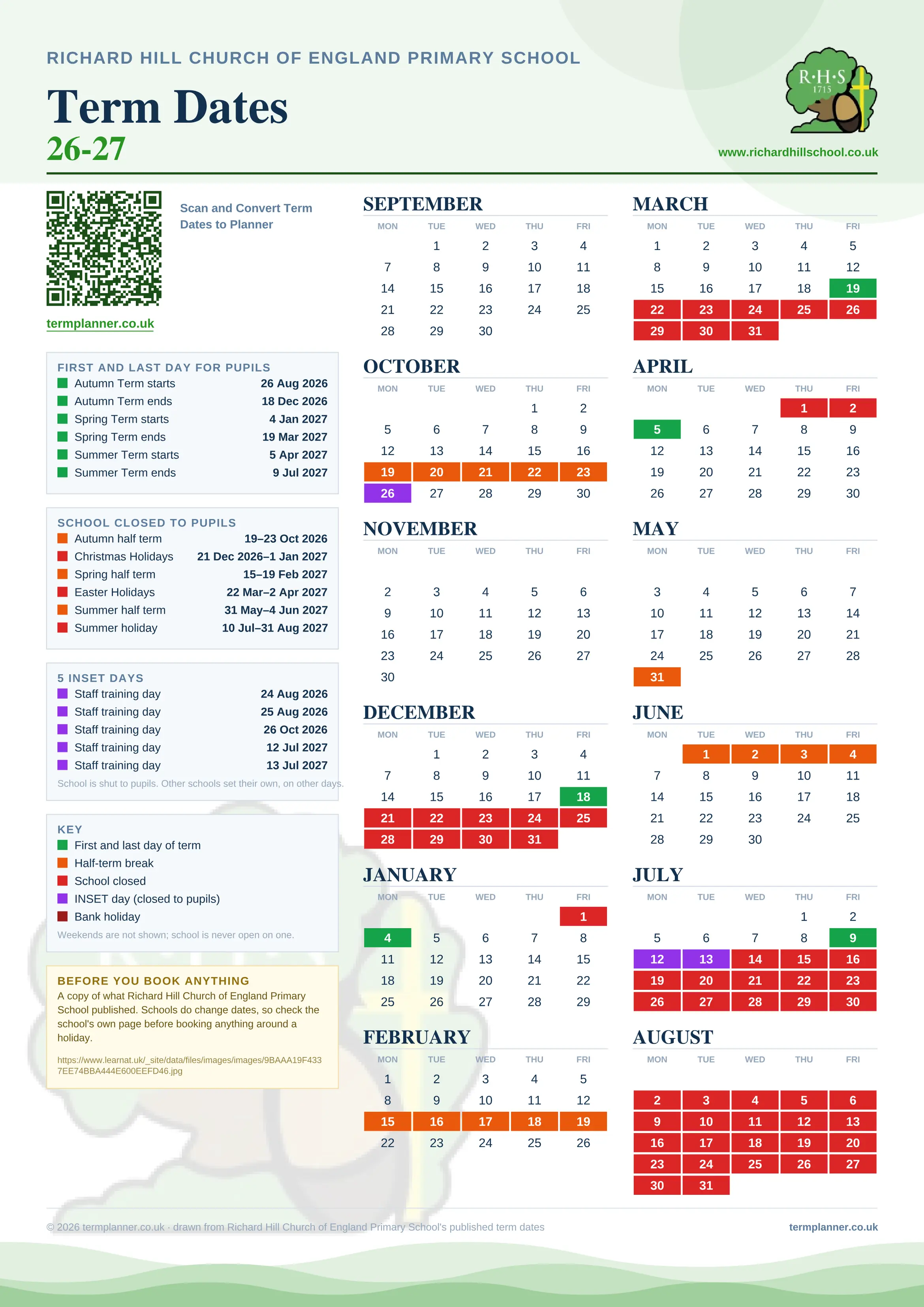 Richard Hill Church of England Primary School’s 2026/27 school year drawn as one sheet: twelve month grids from September to August, Monday to Friday, with autumn term 26 August to 18 December 2026, spring term 4 January to 19 March 2027, summer term 5 April to 9 July 2027. Half terms, holidays and bank holidays are filled in colour, the first and last day of each term is marked, 5 INSET days are picked out, and every date is listed again in words down the left.