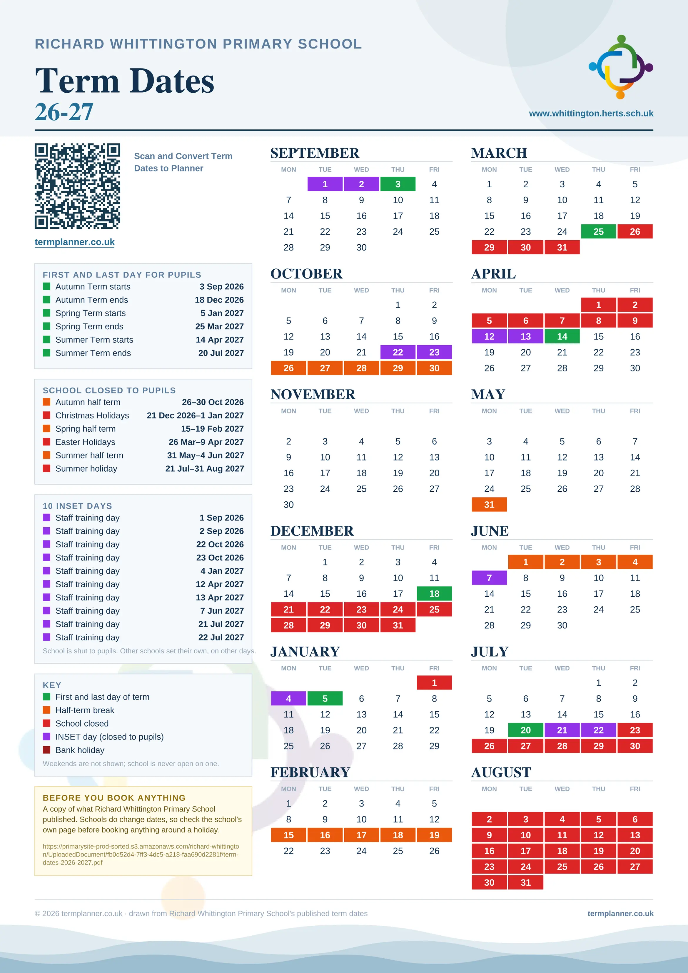 Richard Whittington Primary School’s 2026/27 school year drawn as one sheet: twelve month grids from September to August, Monday to Friday, with autumn term 3 September to 18 December 2026, spring term 5 January to 25 March 2027, summer term 14 April to 20 July 2027. Half terms, holidays and bank holidays are filled in colour, the first and last day of each term is marked, 10 INSET days are picked out, and every date is listed again in words down the left.